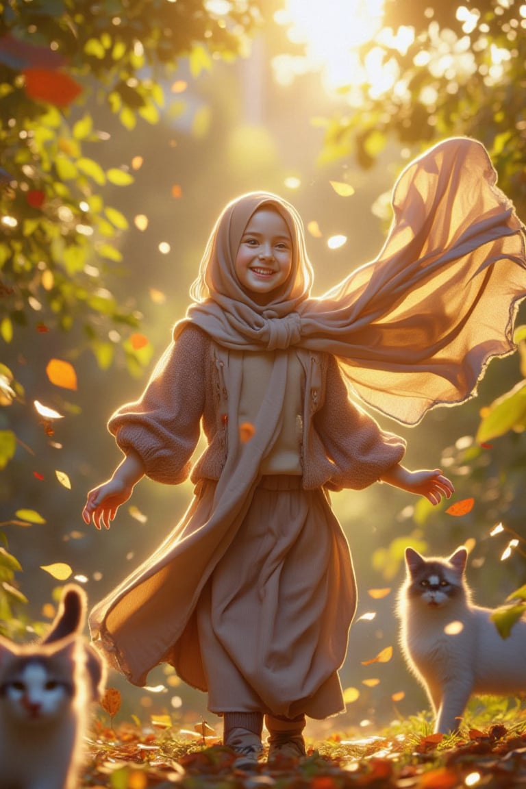 A serene face-to-face shot of a hijab-clad girl radiates joy as she playfully interacts with the natural surroundings at the park. Her long scarf dances in the gentle breeze, whipping up leaves that twirl around her like a whirlwind of color. Cats saunter into frame, adding to the whimsy. Golden sunlight casts a warm glow, highlighting her contented smile.