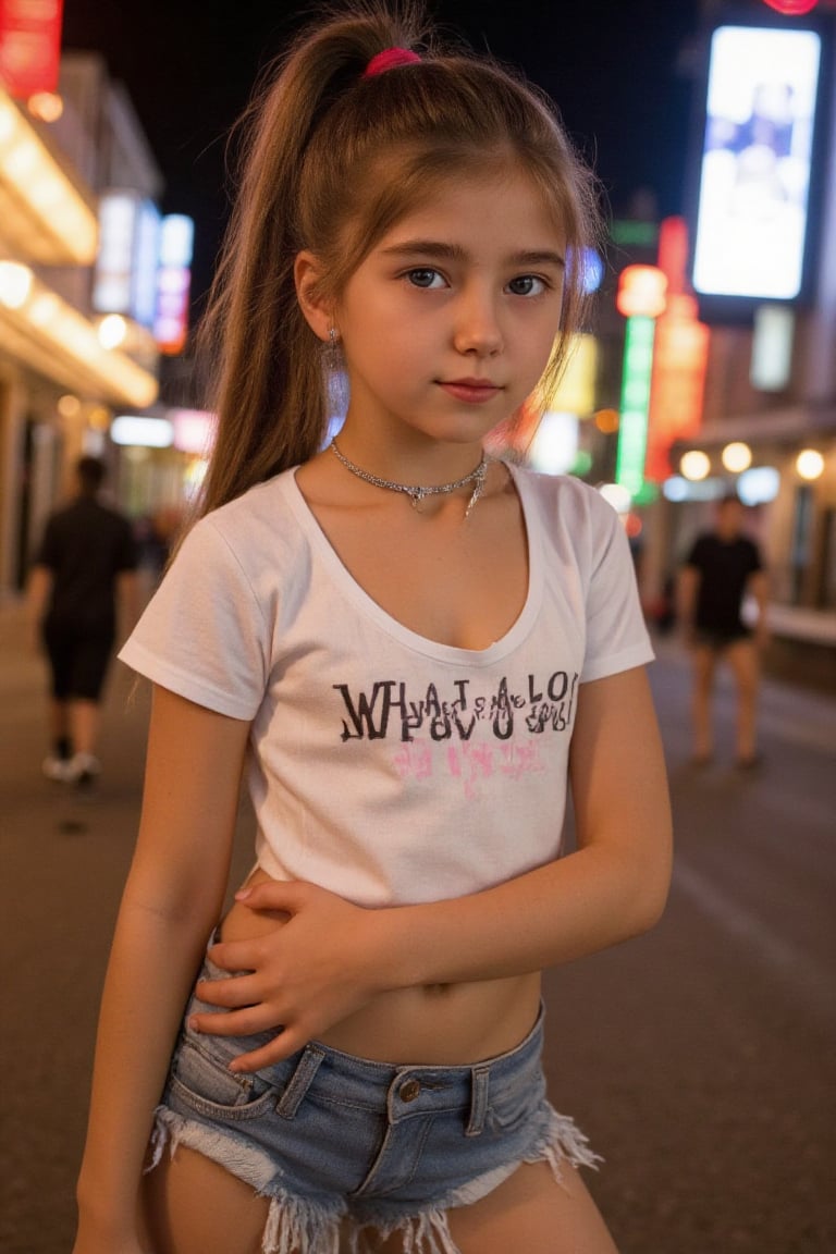 A close-up photo of a stylish 12-year-old girl,  standing confidently in the heart of a vibrant city at night. Her long,...