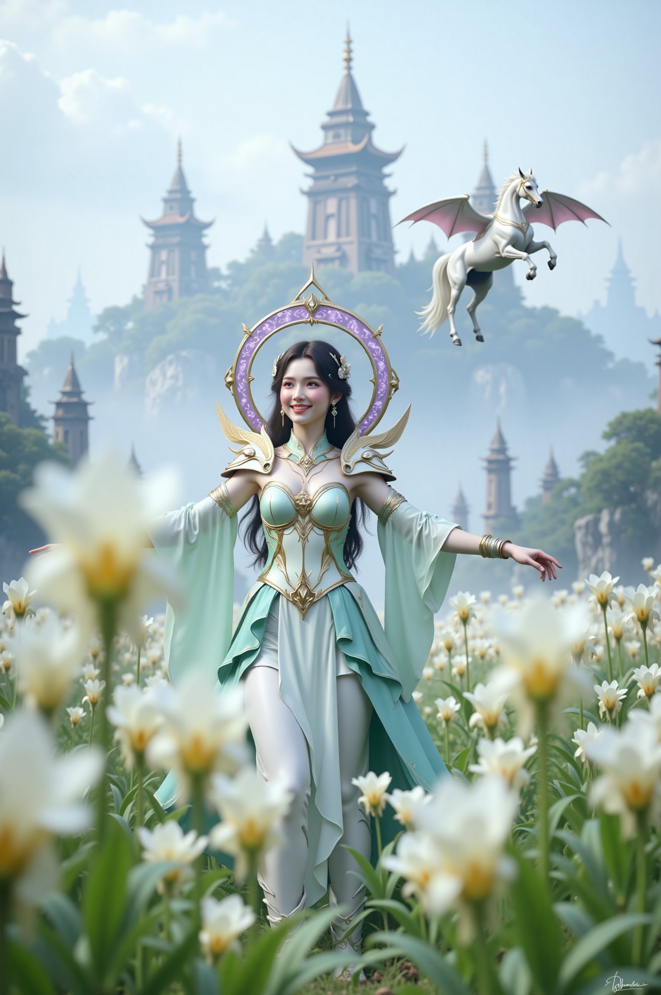 In a serene landscape,  a majestic young queen stands effortlessly amidst a flower field. Her white-green attire features...