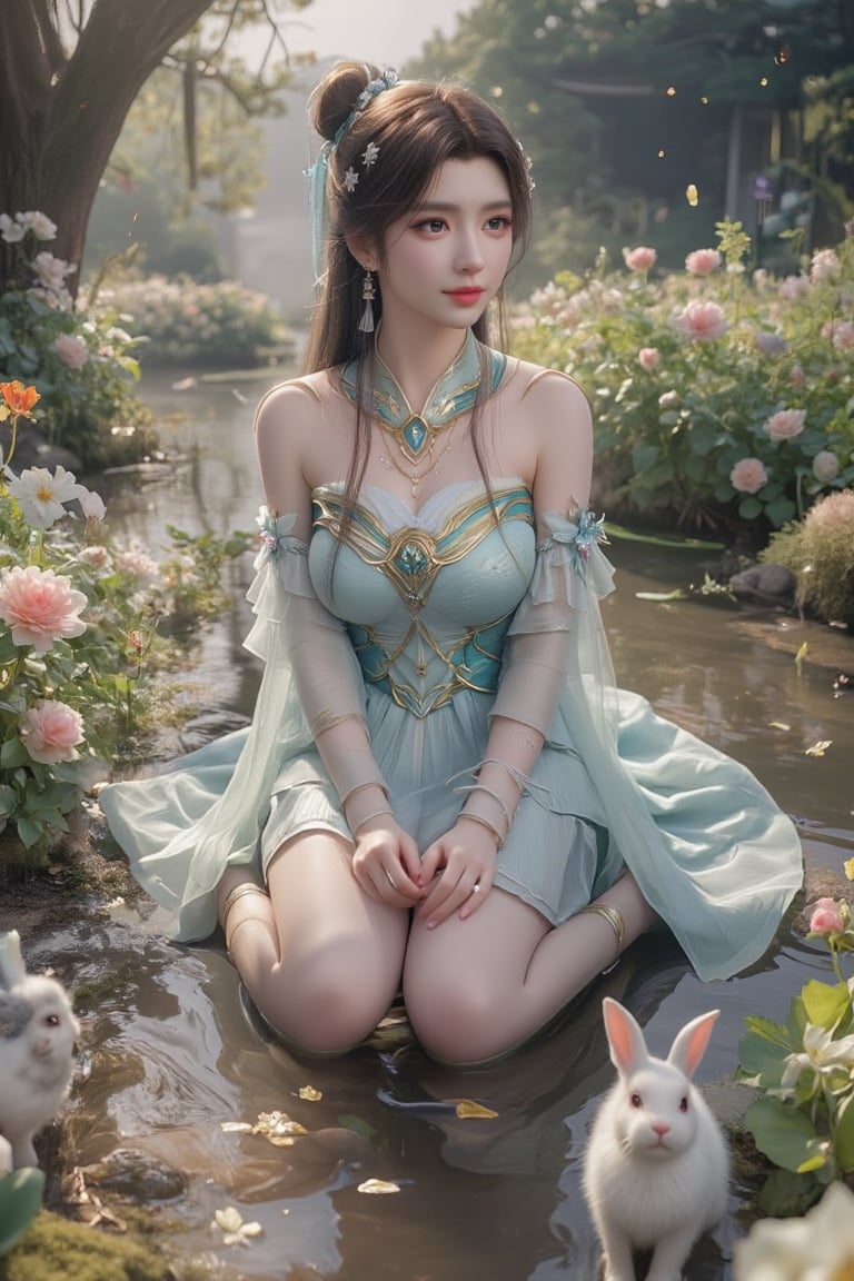 A whimsical Chinese princess surrounded by her adorable bunnies, amidst a vibrant garden teeming with colorful blooms, as scattered shadows dance across the lush greenery. Lens flares and sun rays burst forth, casting warm sunlight spots on the scene, while the soft backlight illuminates the princess's gentle smile.,HDR