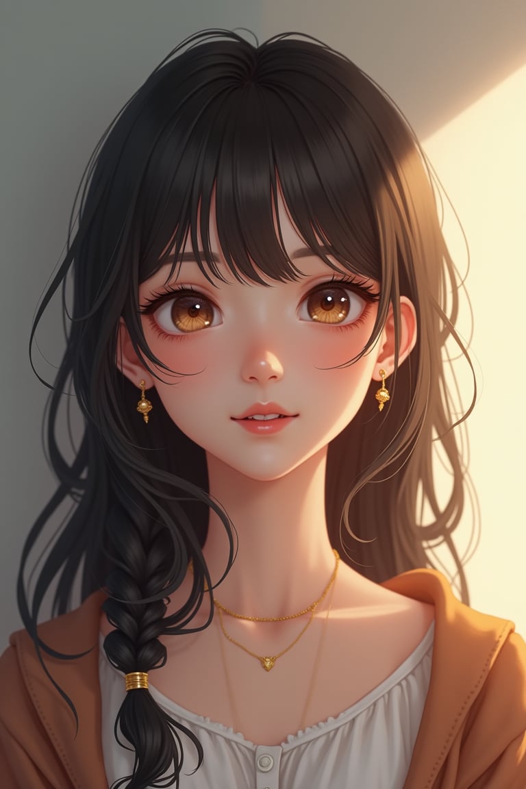 Beautiful, soft light, (beautiful and delicate eyes), very detailed, pale skin, big smile, (long hair), dreamy, medium chest, female 1, ((front shot)), bangs, soft expression, height 170, elegant , Bright smile, 8k art photo, photorealistic concept art, realistic, person, small necklace, small earrings, fantasy, jewelry, shyness, dreamy soft image, masterpiece, ultra high resolution, skirt, shirt, jacket, color , (both eyes (winds gently), (raises head slightly and looks immersed in happy thoughts),colorful