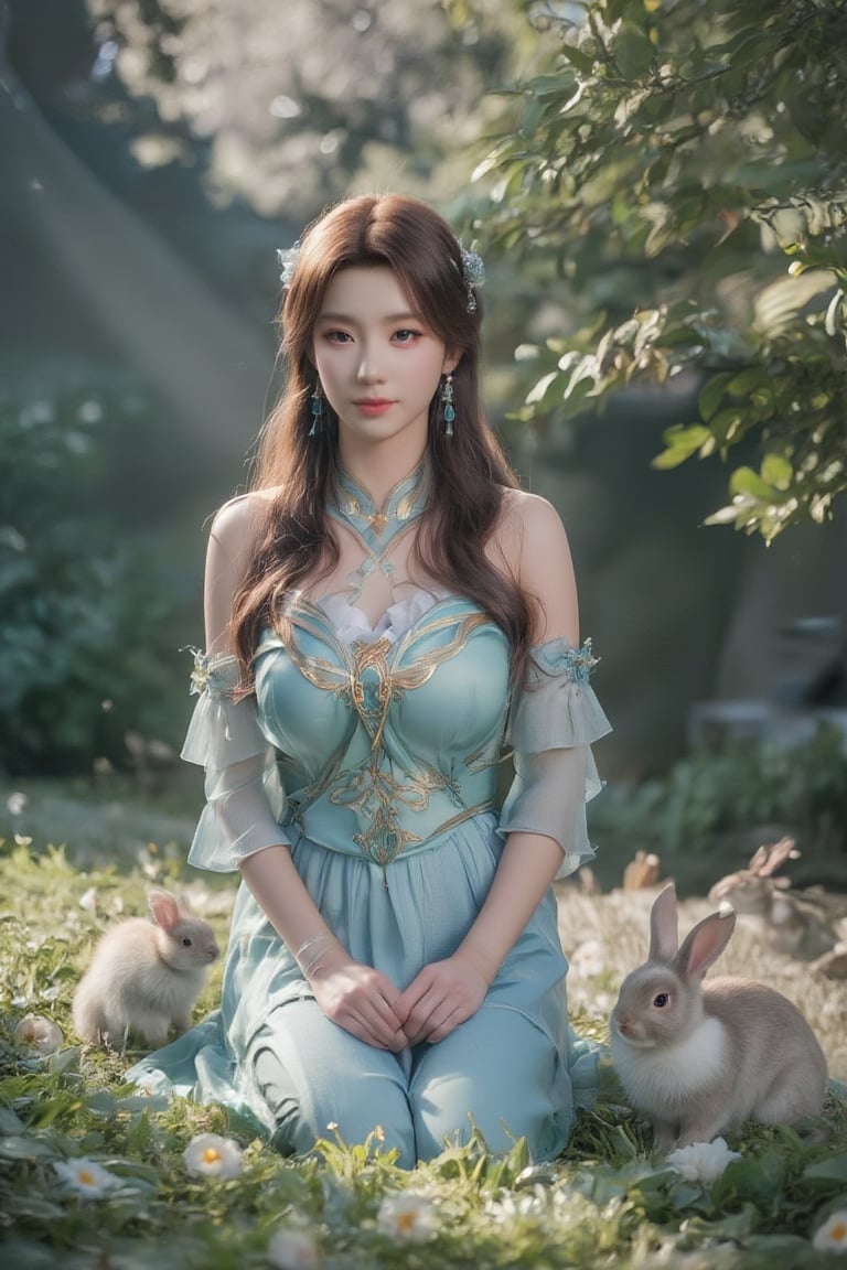 A whimsical Chinese princess surrounded by her adorable bunnies, amidst a vibrant garden teeming with colorful blooms, as scattered shadows dance across the lush greenery. Lens flares and sun rays burst forth, casting warm sunlight spots on the scene, while the soft backlight illuminates the princess's gentle smile.,HDR,SHORT