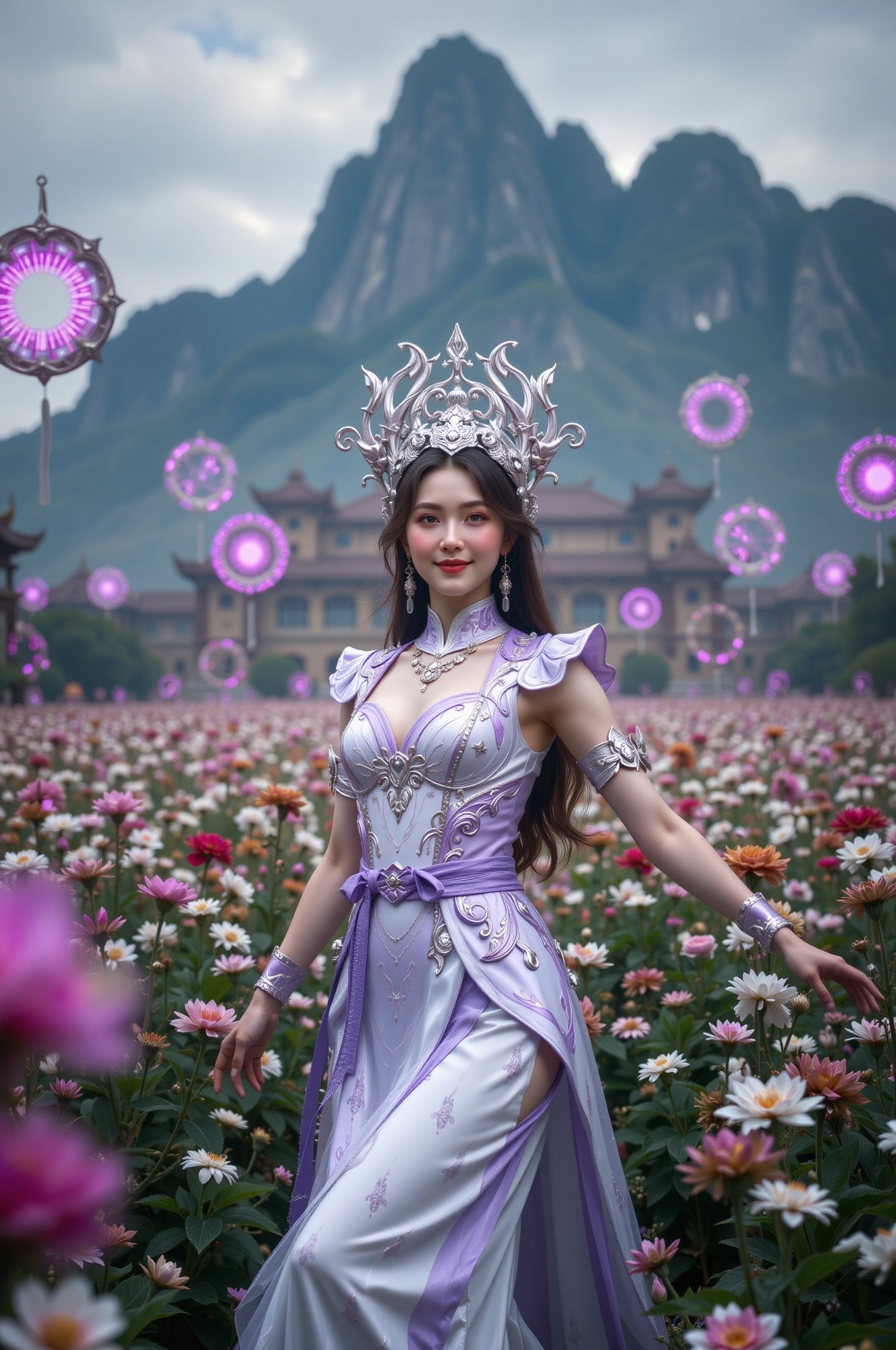Majestic young queen posed effortlessly amidst a whimsical flower field,  her white-purple attire aglow with futuristic pa...