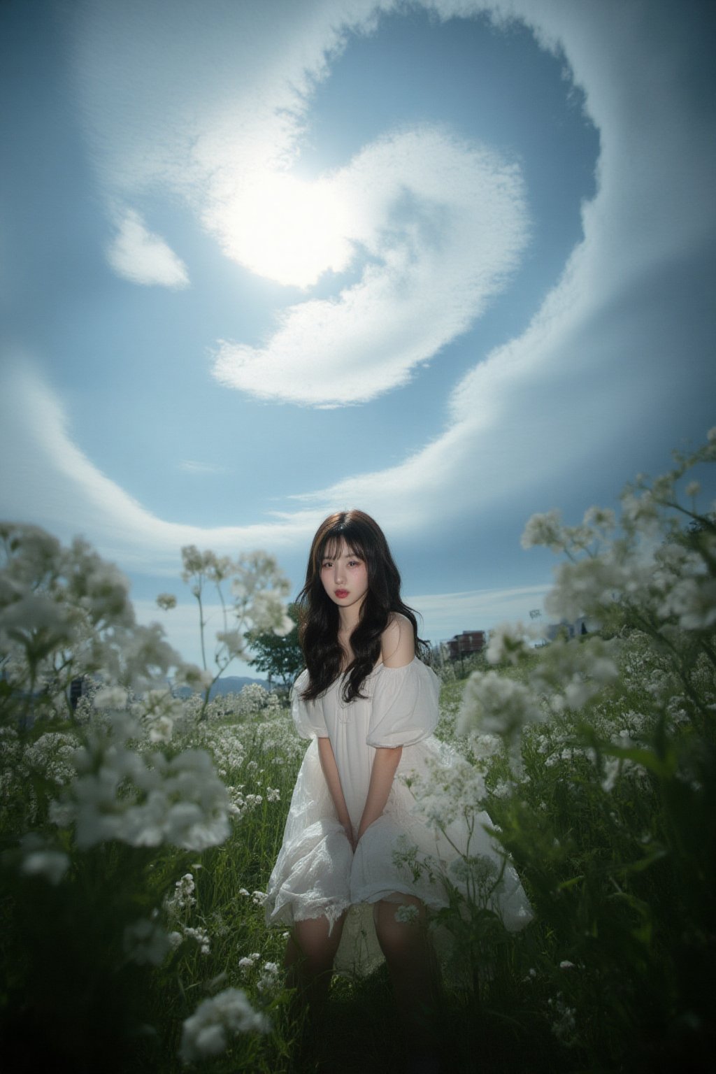 This is a highly detailed digital close-up and tilt shot artwork in a bright fantasy style, intricate tetradic colors in every details, a beautiful 22 years old Chinese girl lit by flashlight, looking at viewer, head tilt, leaning forward, A lone girl with wavy black hair, wearing white dress, stands in windy flower field with grass, sun glare, heavenly cloudy sky, (clouds spiral:0.8), a macabre tapestry of clouds reaching towards viewer, falling petals, light cascading from an unseen aperture above. A low camera angle emphasizes the girl's with the overwhelming warm vibes.,FLASH