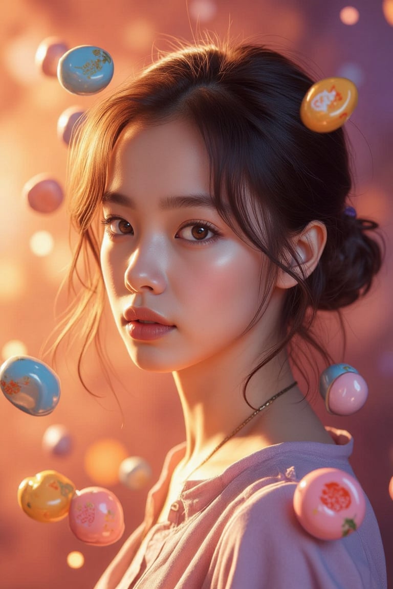 A striking portrait of a young woman with an intense yet sweet gaze. She is surrounded by colorful Lacasito candies in a dreamy setting. The color palette features pastel shades of orange and purple, creating a whimsical and surreal atmosphere. The woman's expression conveys a blend of warmth and intrigue, while the candies add a playful and vibrant touch to the composition.