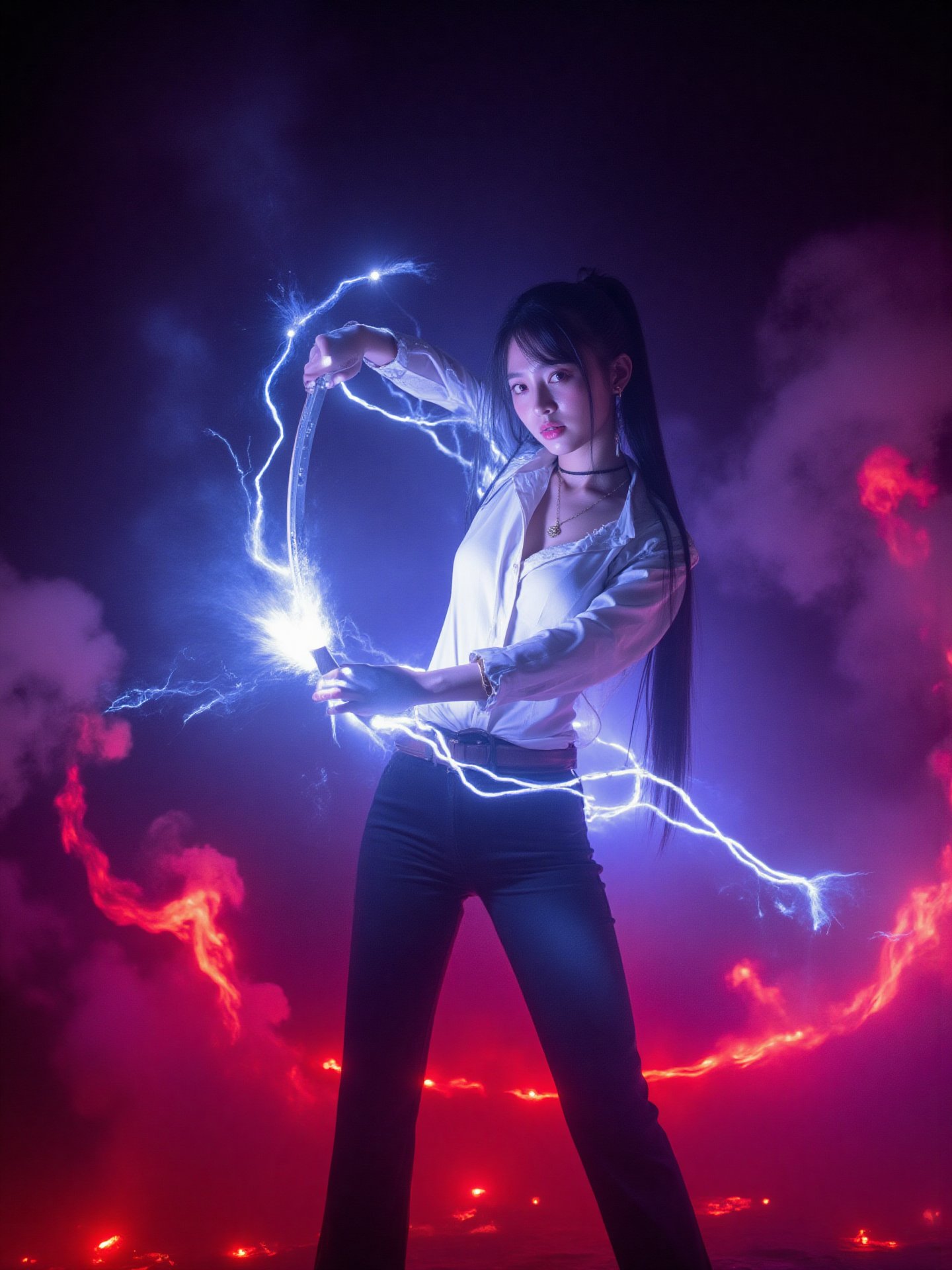 a close-up of A beautiful female warrior lit by a flashlight in black pants and a white blouse wields a katana with flashing blue electricity at the audience. Sparks, embers, and electricity erupt around her in a dim and blurry background, and swirls of dark red magic explode and fly in response. Anime Style, She has a long black ponytail and angled bangs that hide the glow of her red eyes. High contrast and saturated colors. The cool colors of the character's body and the warm colors of the background create a strong visual impact.
High-tech cyberpunk style,
Vertigo, Splash of Neon Colors, (Colorful Glowing Smoke) ((Dynamic Effects)), Best Quality, Wallpaper Art, UHD, Medium Scene, MSchiffer Art, ((Flat Colors)), (cel-shading style) Very Bold Neon Colors, Psychedelic Environments.,FLASH