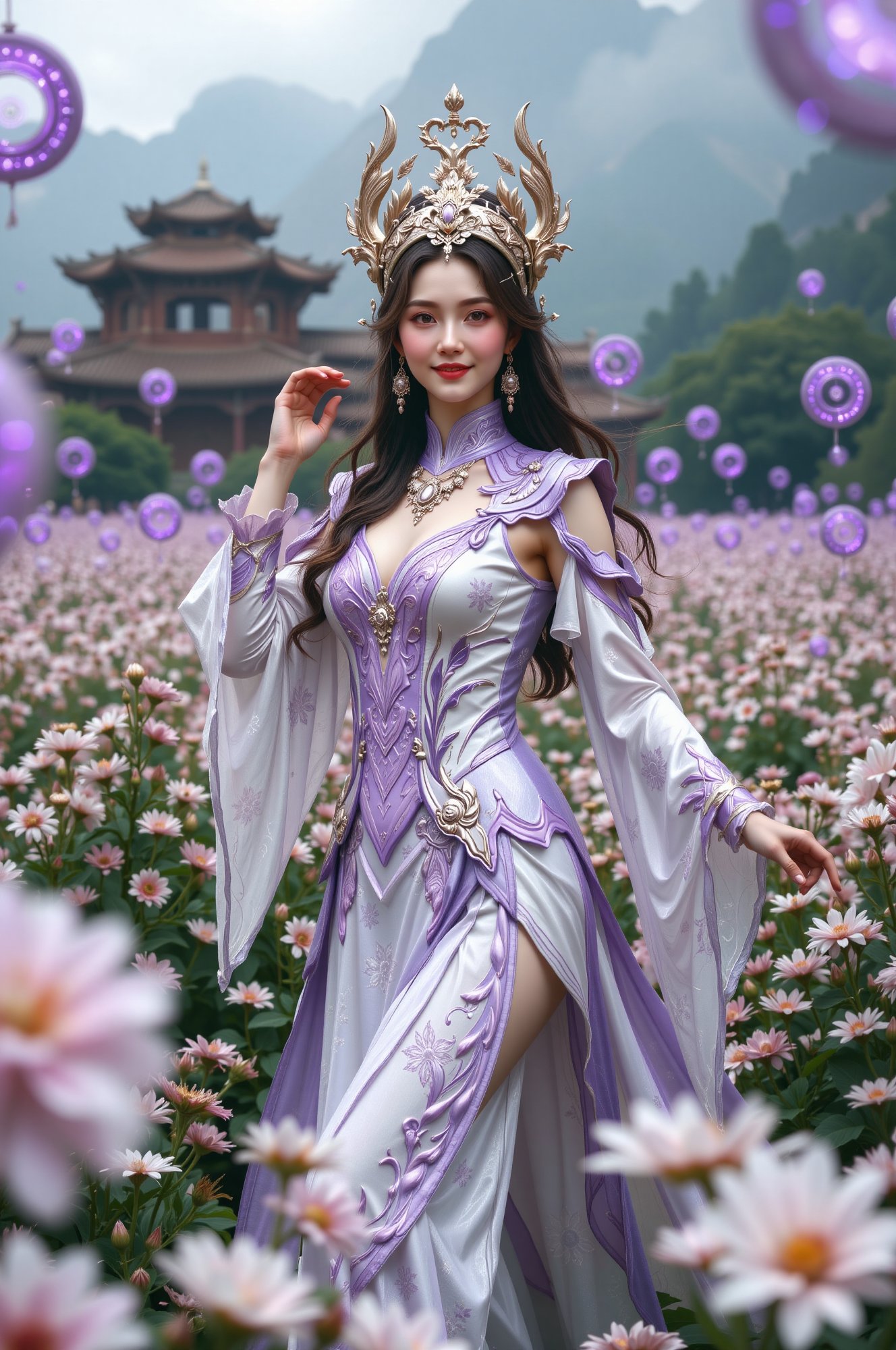 Majestic young queen posed effortlessly amidst a whimsical flower field,  her white-purple attire aglow with futuristic pa...
