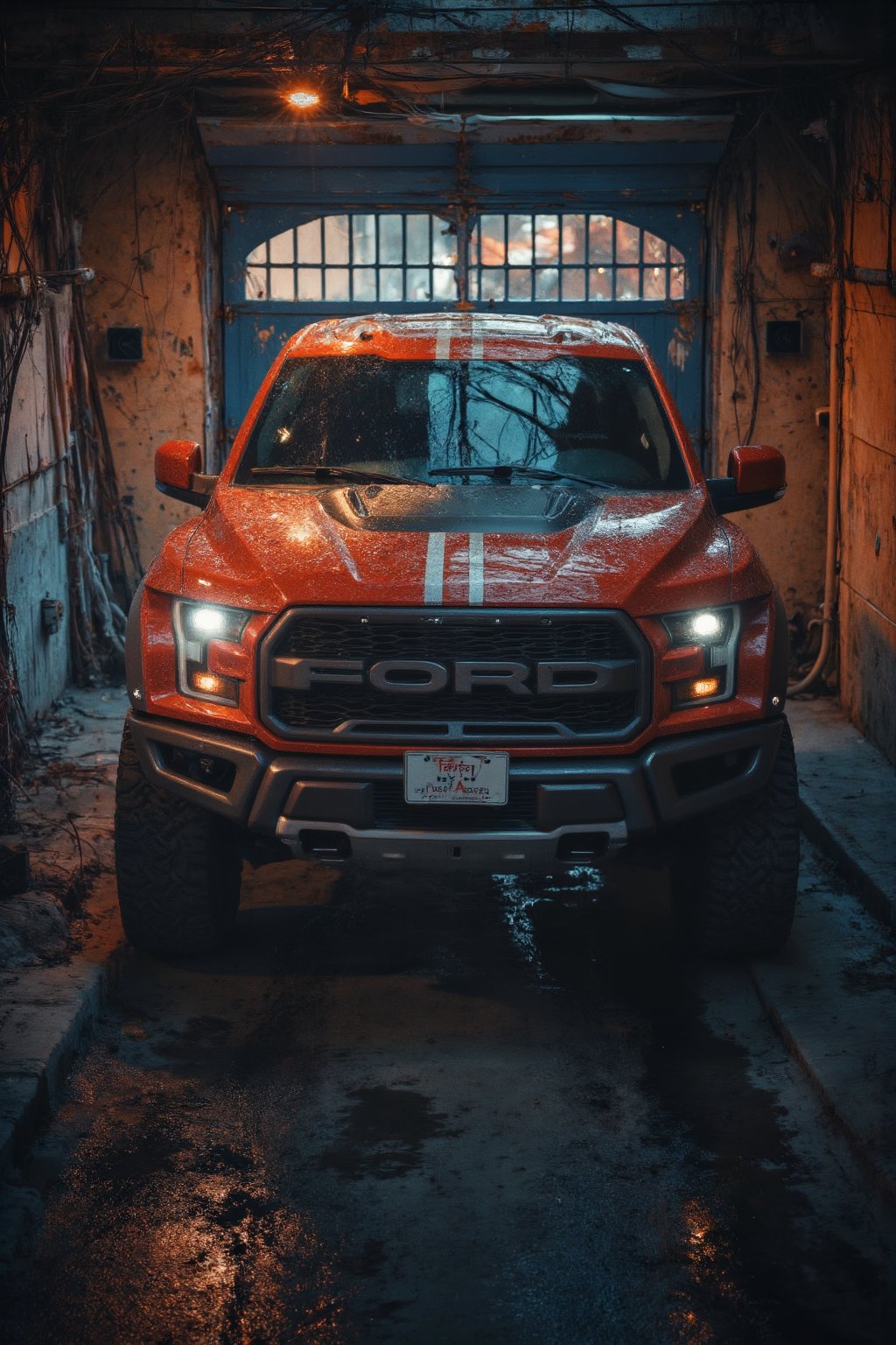 A high-performance modified truck, A light red Ford Mustang Raptor new model modified truck, gleaming in the dimly lit garage dominates the frame.((license plate reads " Dady Adeb ")). The bright white stripe on its side catches attention under the soft illumination of the headlights, which cast a subtle glow on the adjacent wall. In the background, a light yellow  wall serves as a backdrop for a blue metal gate, its shadow adding depth to the composition. The camera captures this dramatic morningtime scene at a slight angle from the left, emphasizing the truck's sleek design and imposing presence.shots from different angles capturing every corners and details of the car.,ct-identityV2,Midjourney_Whisper