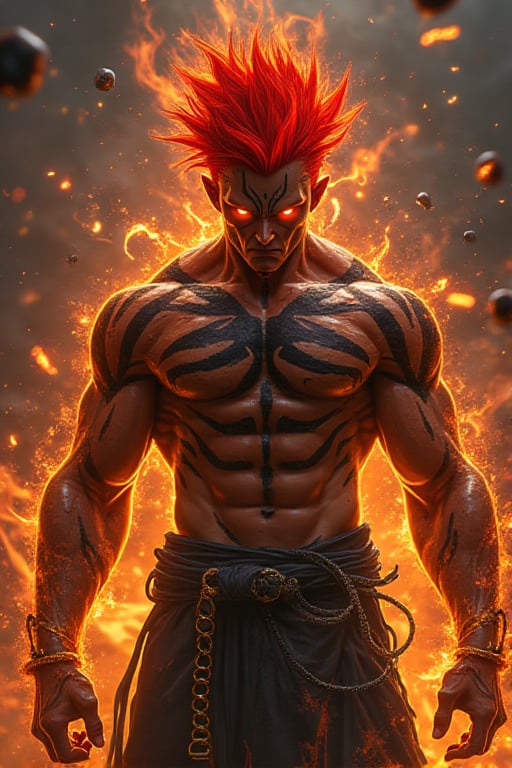 A muscular character with red spiky hair and glowing orange eyes, exuding a fiery and intense energy. Their skin is covered with intricate black tribal-like patterns, including stripes that run across their face, arms, and torso. The character has a fierce and focused expression, staring downward with a battle-ready stance. Fiery elements and embers swirl around them, enhancing the dramatic and intense atmosphere. The character appears to be surrounded by a dark, almost cosmic background, adding to their powerful and mystical presence.,Red spiky hair