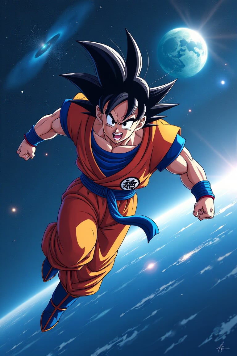 High-resolution digital illustration of Goku in a dynamic flying pose, wearing his iconic orange and blue gi, set against the vast expanse of the space universe. The background features distant galaxies, swirling nebulae, and a glowing Earth in the distance. Goku's hair is spiked and glowing with energy, his expression focused and determined. The scene is illuminated by the cosmic light, creating a sense of awe and adventure. The composition captures the vastness of space, with Goku's figure small yet powerful, emphasizing his journey through the cosmos.