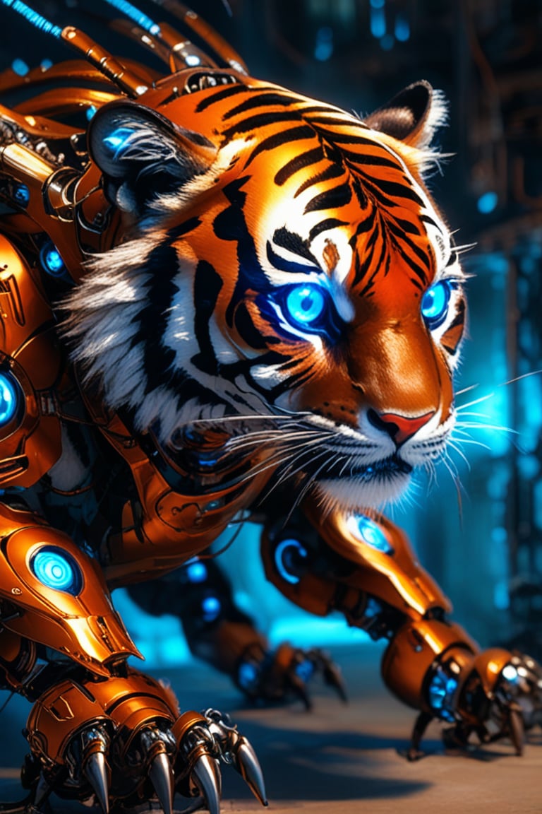 a mechanical tiger creature, highly detailed mechanical body, intricate gears and mechanisms, glowing blue eyes, copper and brass accents, futuristic sci-fi design, dynamic pose, cinematic lighting, photorealistic, 8k, (best quality, 4k, 8k, highres, masterpiece:1.2), ultra-detailed, (realistic, photorealistic, photo-realistic:1.37), cinematic, dramatic shadows, volumetric lighting, intricate details, mechanical limbs, complex machinery, advanced technology, industrial, mechanical insect, insectoid features, futuristic aesthetic, advanced robotics, (concept art, digital painting, highly detailed:1.2)