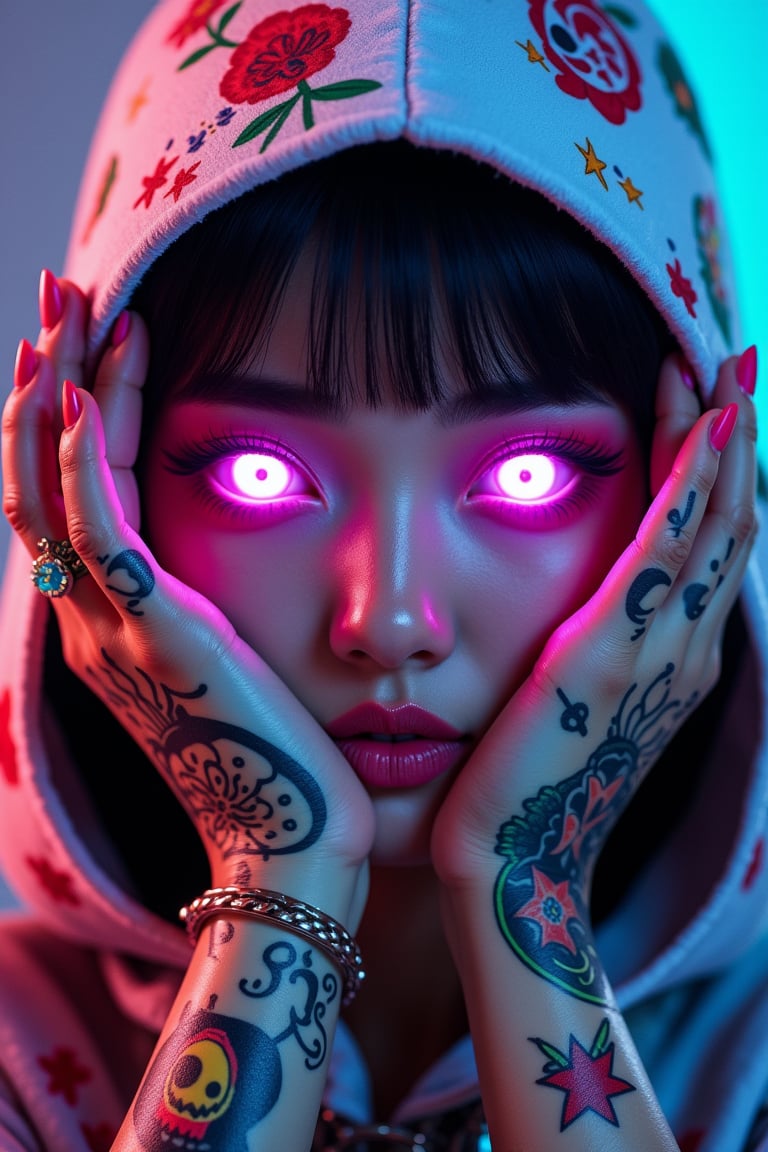 This image features a striking, futuristic character with highly stylized elements. The character's face is partially obscured by their hands, which are tattooed and decorated with colorful, cartoon-like imagery, including various quirky and whimsical characters. Their eyes are glowing pink and purple, giving off an intense, otherworldly vibe. The character wears a hood adorned with similar designs, evoking a playful yet edgy, cyberpunk aesthetic. The colors are vibrant, with a blend of neon shades, enhancing the fantastical and surreal atmosphere of the image. The overall style has a mix of street art, anime, and futuristic influences.