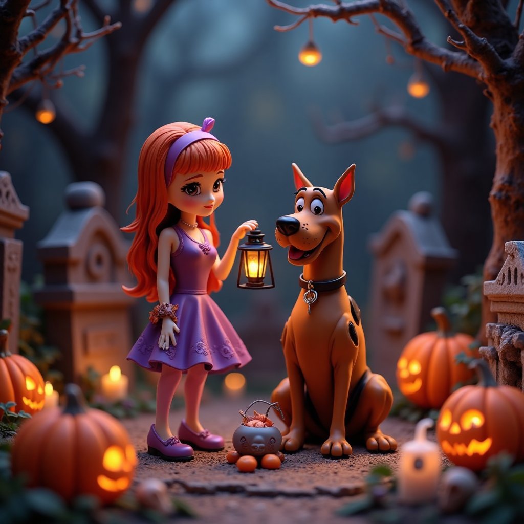 A beautiful over the top view at of two cute high quality and highly detailed figurines of Scooby Doo and Daphne Blake wearing her classic purple dress, pink pantyhose and light purple high heels, red hair and light purple headband. They are together in an old cemetery, tombstones and curious eerie pumpkins, little ghosts glowing in the dark forestial background with old trees and branches on the ground. little human skulls and oranges tiny candles around the tombstones. Eerie glowing pumpkins scattered around the cemetary. Daphne is holding a cute tiny old style oil lantern. Scooby Doo has a little open bag of full candies in front of him on the ground.