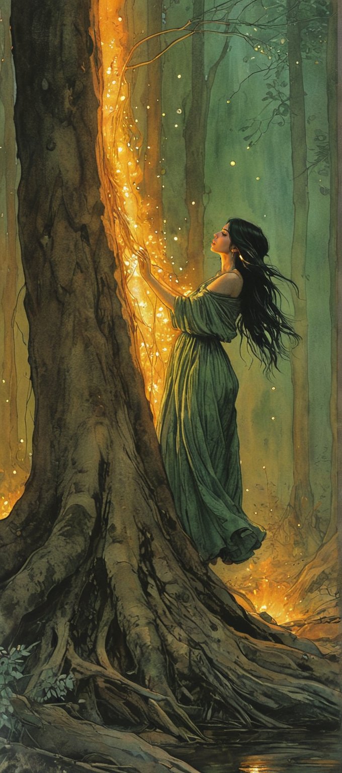 Color ink painting in Moebius comic book style,  style by Arthur Rackham and Brian Froud, intricate, detailed.
Beautiful figure, female, dark green hair, glowing golden eyes. Her face is hidden by some shadow of the trees. her lower body is coiled by huge roots, and the lower half of her body is burning in fire.
(She looks toward the camera, and grasps her hands toward the audience with a tearing face as if asking for help.) (only the upper body)(Giant Tree's Root Whirlpool)
Telephoto lens. Dramatic Tension. Perfect composition, masterpiece, depressing atmosphere. Her hand grasped forward. Surrounded by starlight fireflies. Use more rich colors. 
