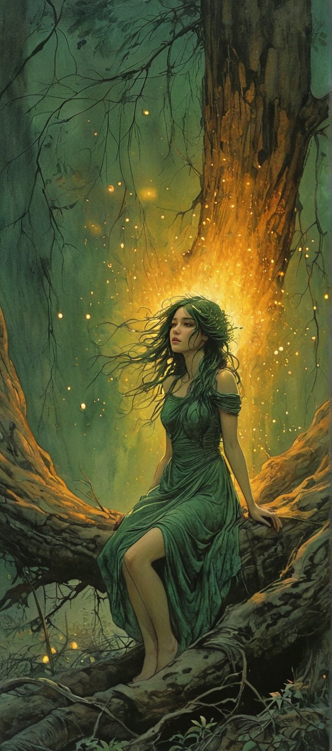 Color ink painting in Moebius comic book style,  style by Arthur Rackham and Brian Froud, intricate, detailed.
Beautiful figure, female, dark green hair, glowing golden eyes. Her face is hidden by some shadow of the trees. her lower body is coiled by huge roots, and the lower half of her body is burning in fire.
(She looks toward the camera, and grasps her hands toward the audience with a tearing face as if asking for help.) (only the upper body)(Giant Tree's Root Whirlpool)
Telephoto lens. Dramatic Tension. Perfect composition, masterpiece, depressing atmosphere. Her hand grasped forward. Surrounded by starlight fireflies. Use more rich colors. 
