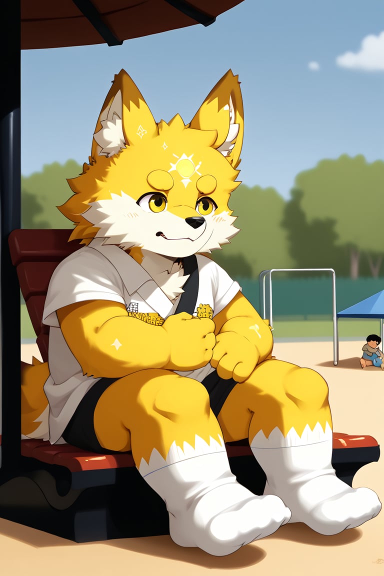 write furry body,furry, boy ,Shota,Goldenwish ,wolf ,best quality ,masterpiece ,golden eyes,fat,playground,sitting,White socks,sweaty,sunshine,write furry leg