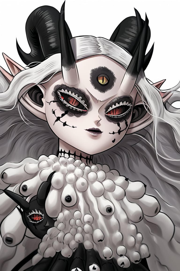 score_9, score_8_up, score_7, BREAK,
1girl, Megicula, colored sclera, black sclera, red eyes, slit pupil,  monster girl, long hair, white hair, floating hair, devil girl, pointy ears, 4 devil horns, horns, facial markings, facial marks, 3rd eyes, third eye, white eyelids, sharp teeth, grey skin, white skin, black horns, devil tail, demon tail, wings, multiple eyes , short devil female, 2 arms, Loli devil, solo,   

, 

, ((white background, blank background)):1.3   
