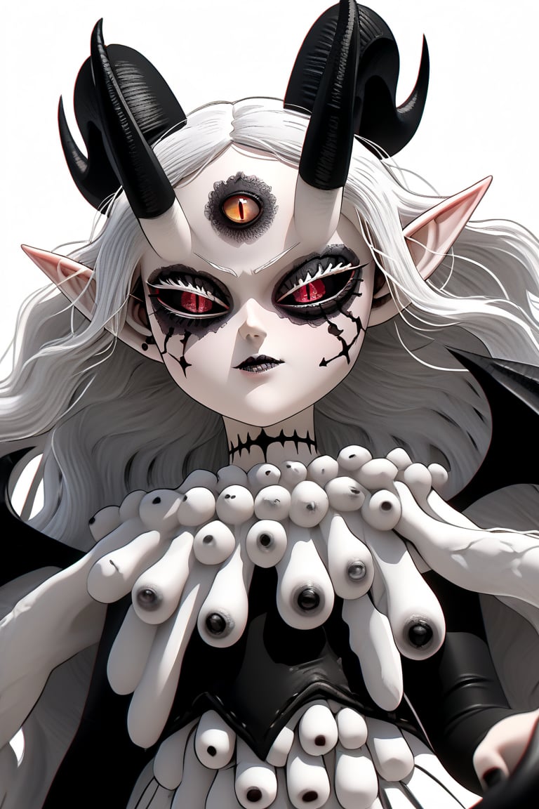 score_9, score_8_up, score_7, BREAK,
1girl, Megicula, colored sclera, black sclera, red eyes, slit pupil,  monster girl, long hair, white hair, floating hair, devil girl, pointy ears, 4 devil horns, horns, facial markings, facial marks, 3rd eyes, third eye, white eyelids, sharp teeth, grey skin, white skin, black horns, devil tail, demon tail, wings, multiple eyes , short devil female, 2 arms, Loli devil, solo,   

, 

, ((white background, blank background)):1.3   
