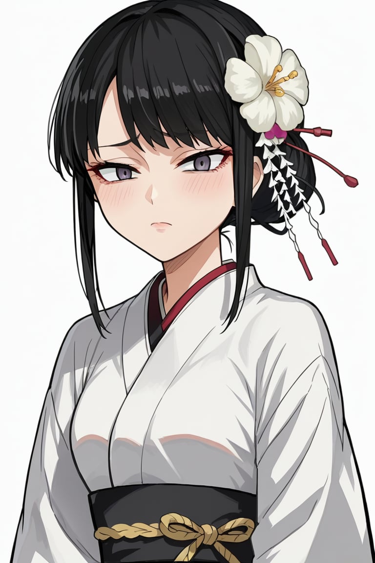 score_9, score_8_up, score_7, source_anime, anime screencap, BREAK,
 1girl, Ginnojomorifuyu Kezokaku, black hair, white kimono, hair flower, 

, ((white background, blank background)):1.3,
,