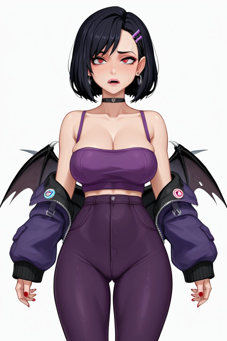 ((score_9_up, score_8_up, score_7_up, score_6_, Masterpiece, 
, source_anime, anime screencap, 
BREAK, best quality, high quality, highres, 4k, 1girl, solo,
. **Succubus**: A curvy girl at 5'5" with jet-black hair styled in an asymmetrical bob. Her red eyes glow subtly, and she has bat-like wings sprouting from her back. She wears a form-fitting, dark purple outfit that showcases her figure

, ((upper body, cowboy shot,)):1,

 , ((White background blank background)):1,
