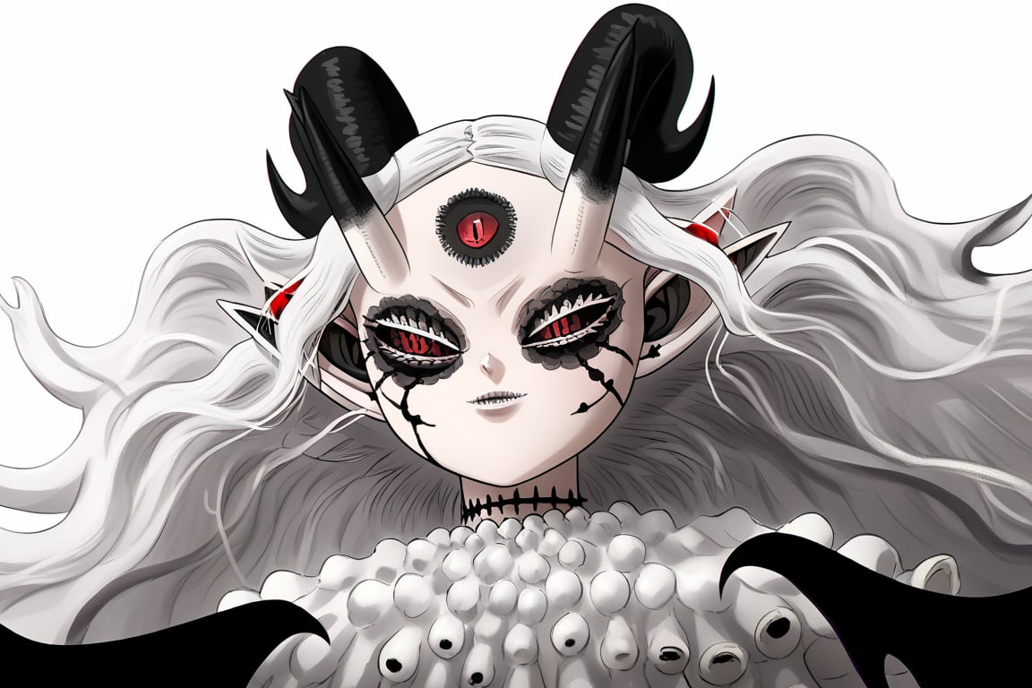 score_9, score_8_up, score_7, BREAK,
1girl, Megicula, colored sclera, black sclera, red eyes, slit pupil,  monster girl, long hair, white hair, floating hair, devil girl, pointy ears, 4 devil horns, horns, facial markings, facial marks, 3rd eyes, third eye, white eyelids, sharp teeth, grey skin, white skin, black horns, devil tail, demon tail, wings, multiple eyes , short devil female, 2 arms, Loli devil, solo,   

, 

, ((white background, blank background)):1.3   
