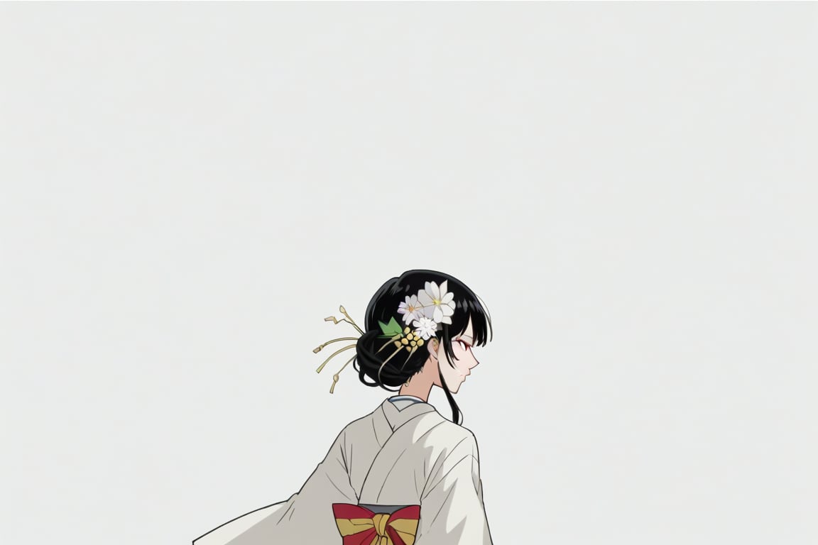 score_9, score_8_up, score_7, source_anime, anime screencap, BREAK,
 1girl, Ginnojomorifuyu Kezokaku, black hair, white kimono, hair flower, 

, ((white background, blank background)):1.3,
,