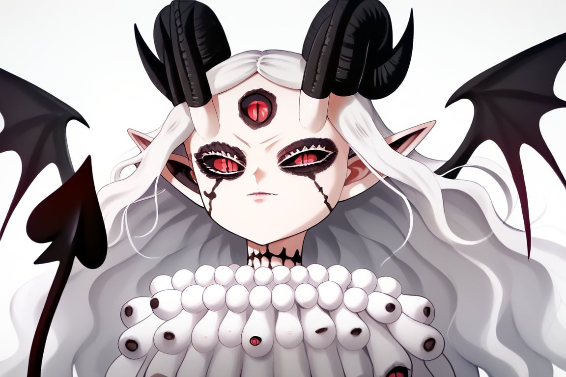 score_9, score_8_up, score_7, BREAK,
1girl, Megicula, colored sclera, black sclera, red eyes, slit pupil,  monster girl, long hair, white hair, floating hair, devil girl, pointy ears, 4 devil horns, horns, facial markings, facial marks, 3rd eyes, third eye, white eyelids, sharp teeth, grey skin, white skin, black horns, devil tail, demon tail, wings, multiple eyes , short devil female, 2 arms, Loli devil, solo,   

, 

, ((white background, blank background)):1.3   
