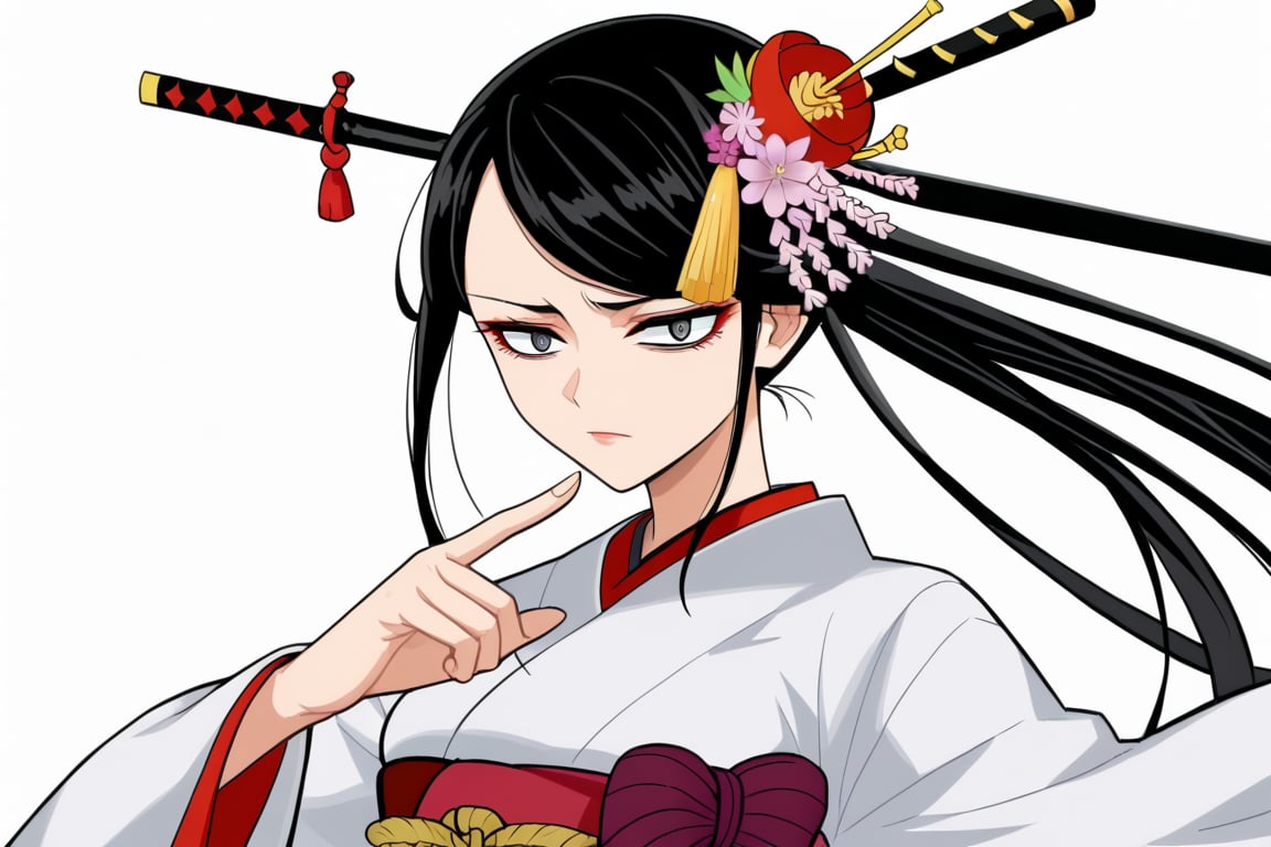 score_9, score_8_up, score_7, source_anime, anime screencap, BREAK,
 1girl, Ginnojomorifuyu Kezokaku, black hair, white kimono, hair flower, 

slender woman with long, dark-colored hair that is gathered into a bun on the back of her head. Her bangs cover her forehead and the sides are much longer and hang down loose like two tails. She has two hairpins holding the bun and two flower-like decorations at her temples.

Ginnojomorifuyu wears a light-colored, layered kimono with dark-colored lining and design along the hems and lower part of the sleeves. A dark-colored obi wraps around her waist and is tied with a light-colored cord. On the back of the obi is a large rope tied into a bow. She also wears a pair of jori and tabi.

, ((white background, blank background)):1.3,
,