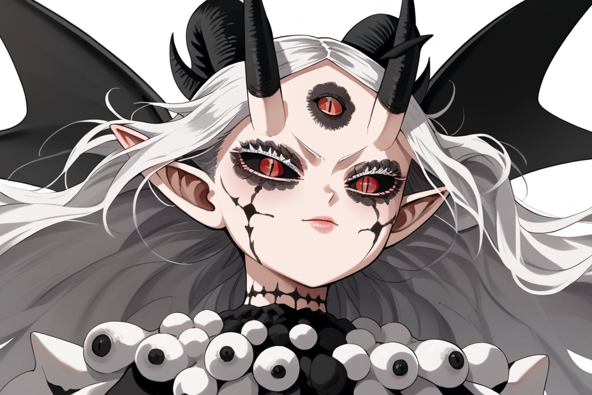 score_9, score_8_up, score_7, BREAK,
1girl, Megicula, colored sclera, black sclera, red eyes, slit pupil,  monster girl, long hair, white hair, floating hair, devil girl, pointy ears, 4 devil horns, horns, facial markings, facial marks, 3rd eyes, third eye, white eyelids, sharp teeth, grey skin, white skin, black horns, devil tail, demon tail, wings, multiple eyes , short devil female, 2 arms, Loli devil, solo,   

, 

, ((white background, blank background)):1.3   
