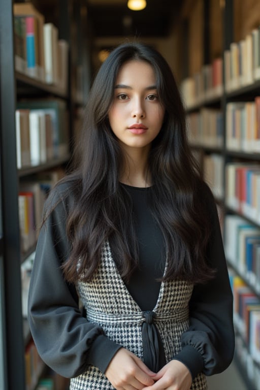 19 year mature girl with pink lips and brown eyes with black long hair at college library  in long dress 