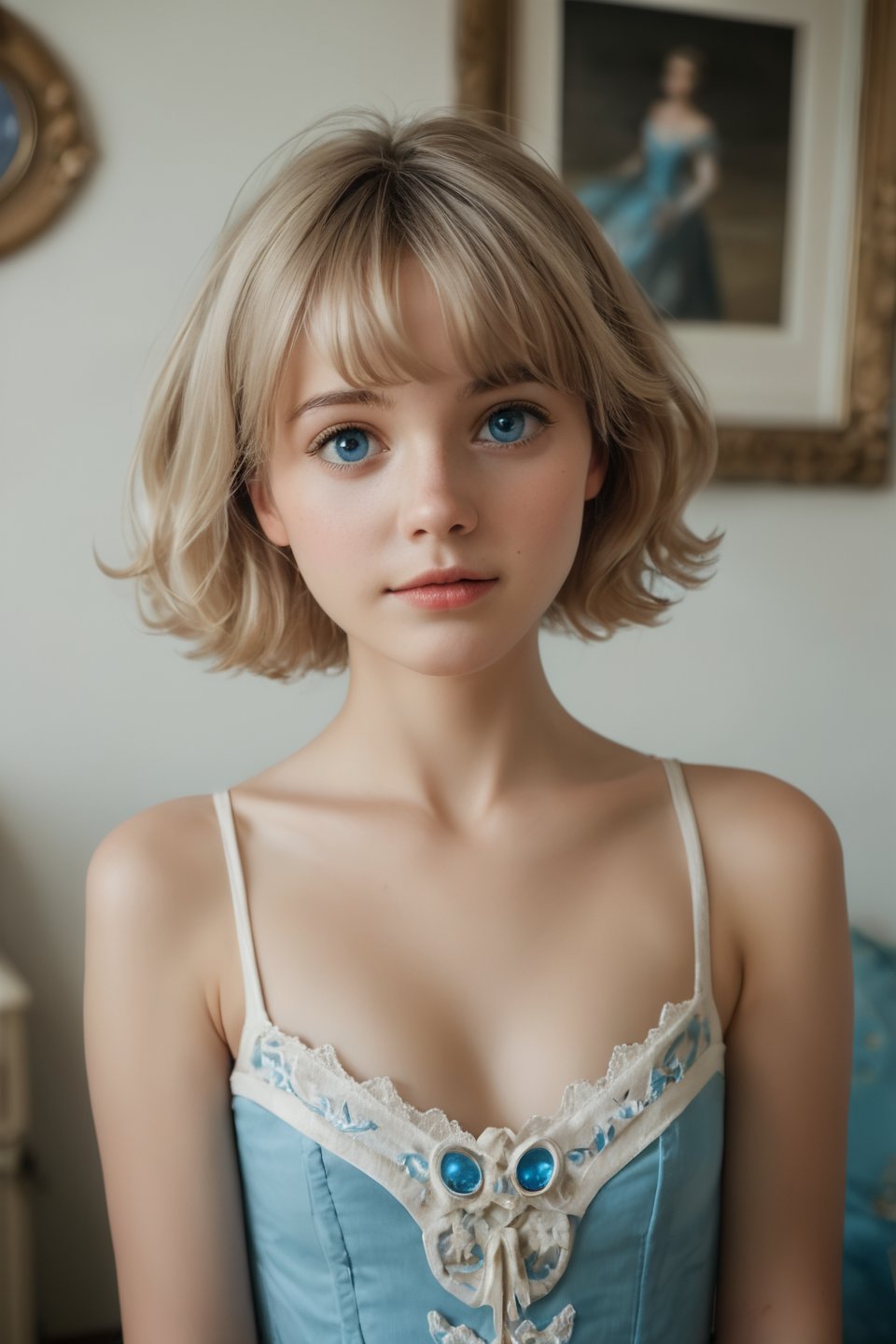 score_9, score_8_up, score_7_up, , cinematic , 1girl , , ,Realistic, HD, masterpiece, photography , , cute , light skin , Generate an image of a young woman with short blonde hair and bright blue eyes. Dressed in fantasy attire. In a fatansy setting.