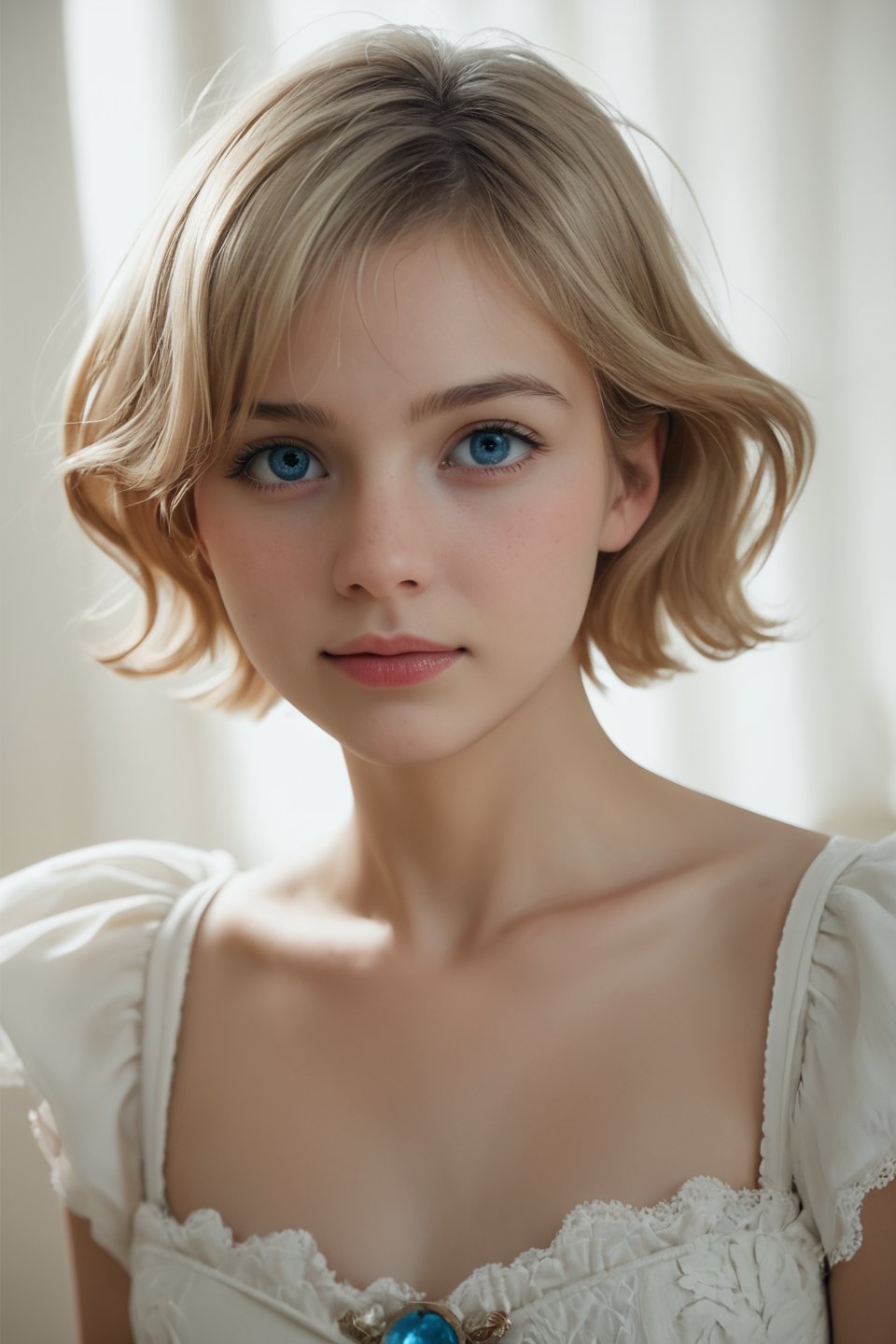 score_9, score_8_up, score_7_up, , cinematic , 1girl , , ,Realistic, HD, masterpiece, photography , , cute , light skin , Generate an image of a young woman with short blonde hair and bright blue eyes. Dressed in fantasy attire. In a fatansy setting.