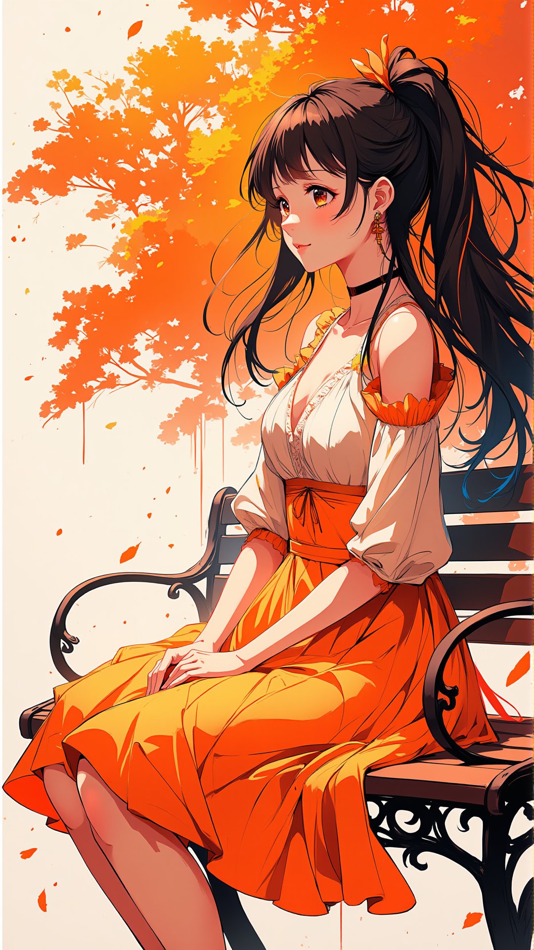 elegant ink splatter, k5n95. a woman in an orange dress sitting on a bench in front of an orange tree, beautiful anime art, beautiful anime artwork, beautiful anime portrait, soft anime illustration, serene illustration.