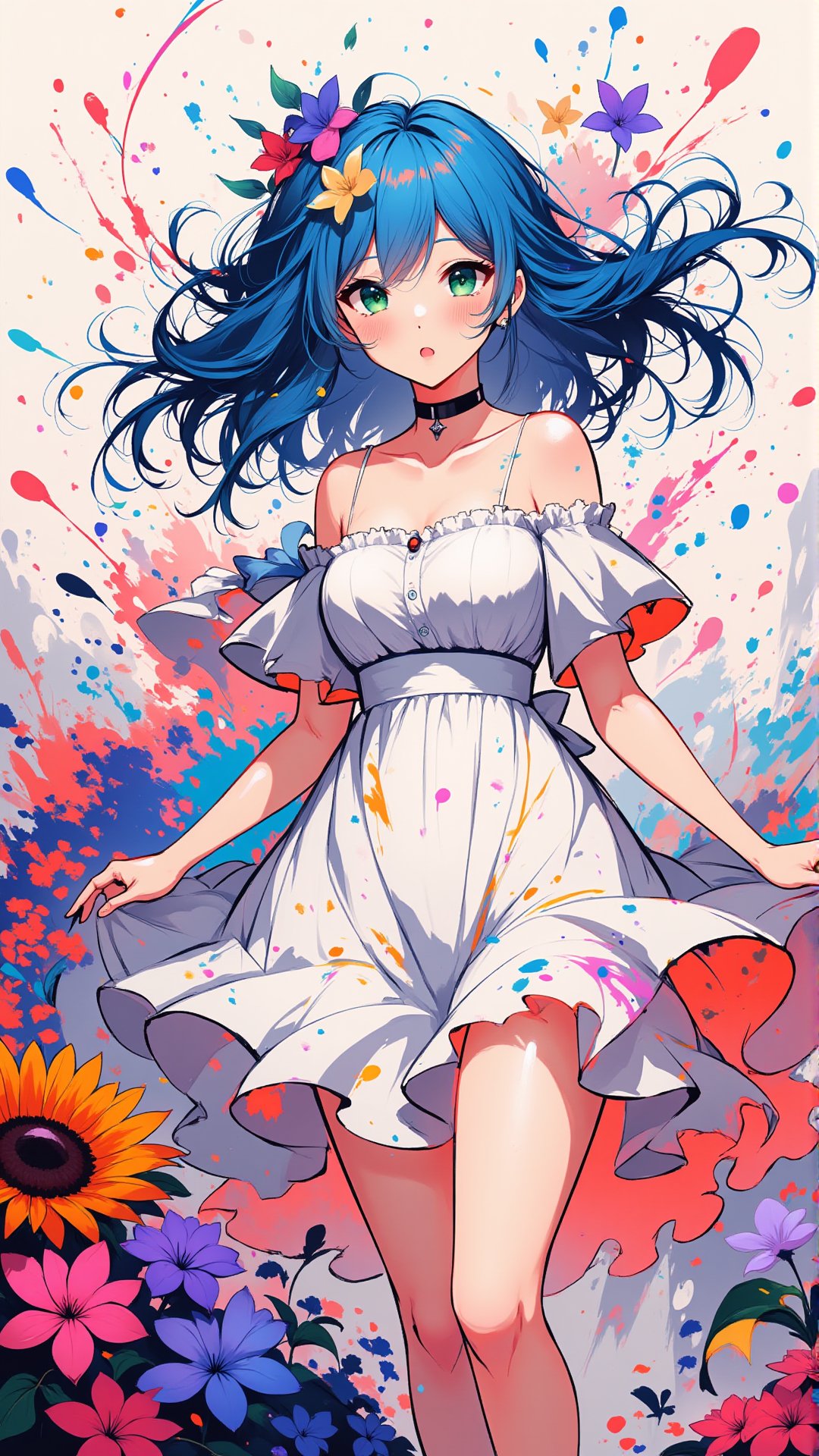 elegant ink splatter, k5n95. Ink style, ink splatter, Elegant brush stroke. A beautiful anime girl with electric blue hair, adorned with pastel pink and lavender ink splatter flowers, stands in the midst of a chaotic, energetic scene. Her hair and the surrounding environment are alive with wild splashes of ink, creating a sense of motion. Emerald green ink splatters swirl around her expressive eyes, giving them a lively, almost electric energy. The garden behind her is a riot of deep red, sunflower yellow, coral orange, and royal purple ink explosions, with ink splatters mimicking petals and leaves flying in a dynamic, wind-swept motion. Her white dress, highlighted with streaks of gold ink, flows in the wind, while bold splashes of ink shoot across the canvas, as if caught in mid-action. The ink splatters create a chaotic, yet controlled explosion of color—vibrant neon and pastel inks burst outward in every direction, making the scene feel alive and brimming with kinetic energy. The action splatters add depth, emphasizing the movement and fluidity, like a moment frozen in the midst of dynamic chaos.