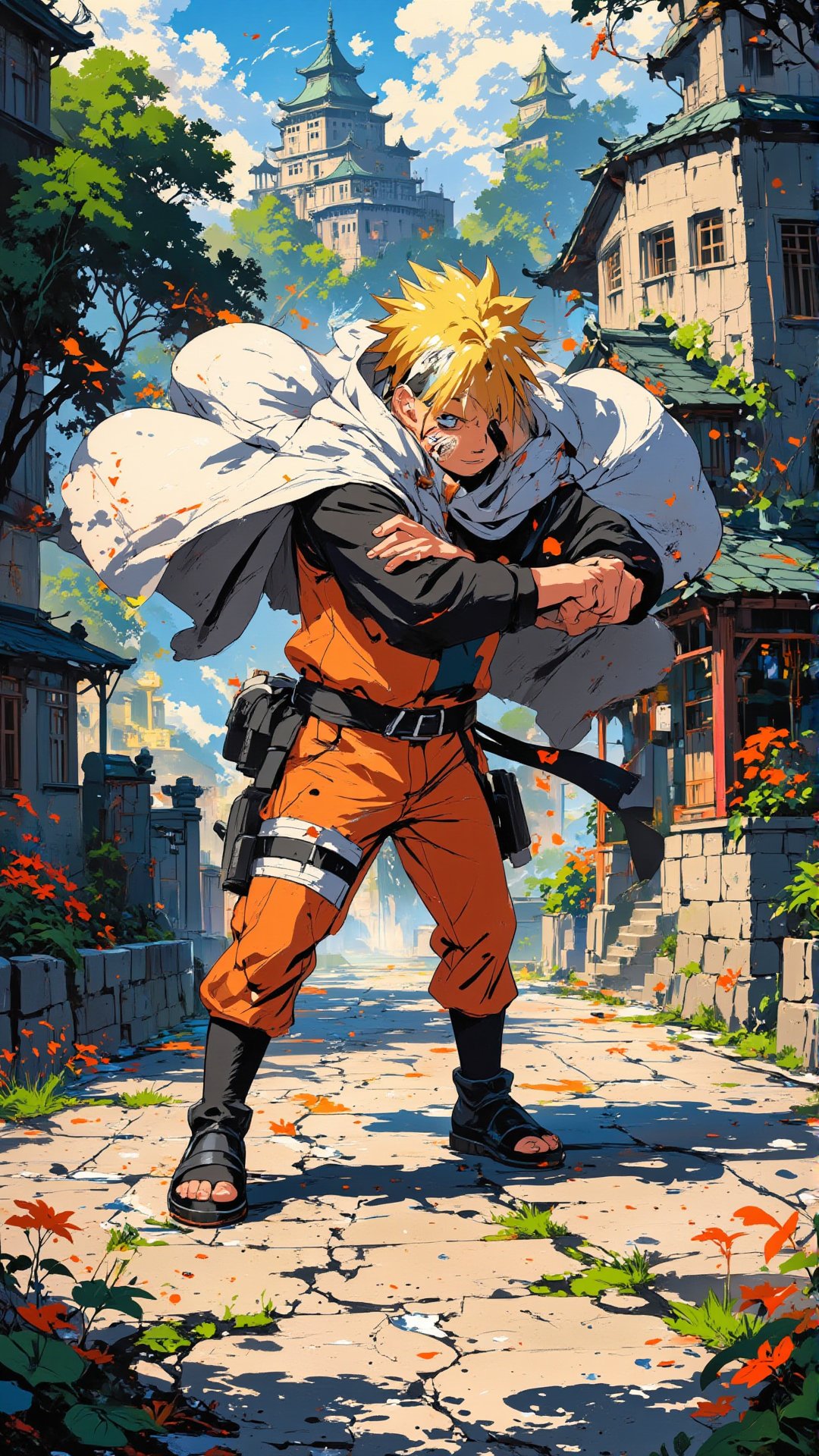 Studio Ghibli official illustration, tdxfg40, gvliiv1. Subject is closer to the camera. Screenshot of action Scene from Naruto Shippuden. In foreground, an anime character, Naruto, with blonde hair wearing white hokage cloak over naruto's iconic orange outfit from naruto shippuden, in an dynamic action pose. In background, a walkway with trees and flowers in front of Ramen house. Studio ghibli key visual in ink splatter style.