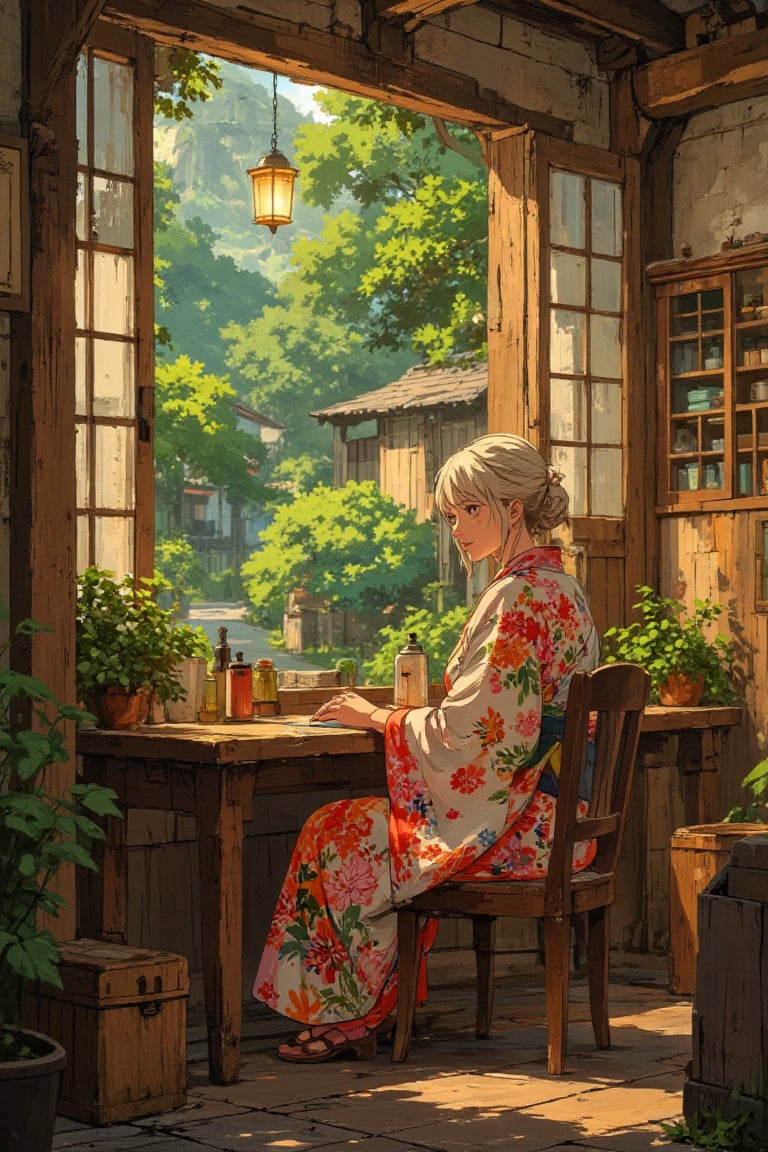 Studio Ghibli. tdxfg40, gvliiv1, Tsunade of Naruto,Tsunade Senju. A woman in a kimono sitting at a table in front of a window. The scene has a warm, cozy ambiance, bathed in soft sunlight pouring through the window, casting gentle shadows. Her kimono is adorned with intricate, colorful floral patterns that match the surrounding tranquil environment. The room is styled like a traditional Japanese tea house, with wooden textures and paper lanterns in the background. The art style combines elements of retro anime with the vibrant, whimsical nature of Studio Ghibli, capturing a peaceful yet emotional moment. There's a slight lofi feel, as if it's a calm anime movie screenshot with delicate attention to color and detail. 