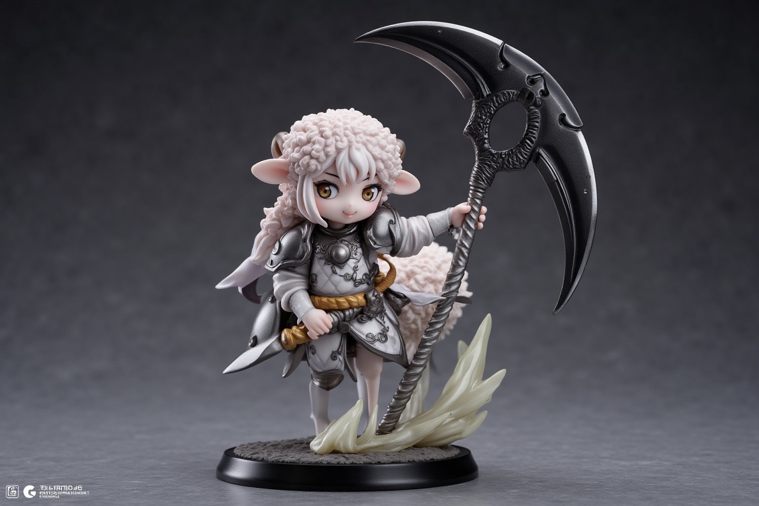 A highly detailed PVC figure of a personified sheep general, combining both an adorable and deadly aesthetic. The general is dressed in lightweight, finely crafted armor that still allows her soft, fluffy sheep wool to be visible, creating a unique blend of battle-readiness and cuteness. Her wool is sculpted with delicate, intricate textures that emphasize her innocent and petite appearance, giving her the look of a charming young girl. However, in stark contrast to her cute, loli-like design, she wields an enormous, menacing scythe—a weapon of the Grim Reaper.
The scythe is massive, with a long, twisted handle and an impossibly large, wickedly curved blade that gleams darkly, suggesting immense destructive power. The oversized weapon dwarfs her small frame, creating a striking visual contrast that combines her innocence with an underlying deadly force. Despite the scythe’s intimidating size, she handles it with ease, as if it were a natural extension of her. Her expression is one of soft innocence, with wide, curious eyes and a gentle smile, adding to the overall sense of dissonance between her appearance and the dangerous weapon she carries.
Her posture is relaxed yet confident, as if unfazed by the gravity of the scythe in her hand, further enhancing the contrast between her cute, childlike appearance and the fearsome, battle-ready aura she radiates. The PVC material highlights the softness of her wool, the shine of her armor, and the cold, lethal sheen of her scythe, making her both a captivating and unsettling figure. The juxtaposition of her small, adorable form with the oversized Grim Reaper scythe creates an intriguing visual balance of cuteness and danger. a 3D rendering of a figurine, Fantasy detailers, RPG Style