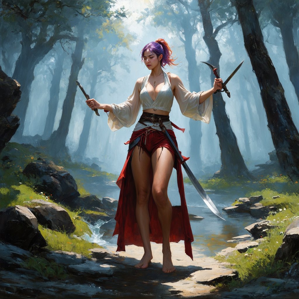 A mystical Taiwanese maiden stands amidst a misty forest, her vibrant, iridescent tresses blending purple, orange-red, and subtle gradations, tied back in a ponytail. She wears an open-fronted blouse framing her torso, paired with damaged scarlet hot pants accentuating her lithe figure. Barefoot, she wields a longsword with a hilt merging ice and fire elements. The misty atmosphere adds an air of mystique, as if the forest holds secrets.