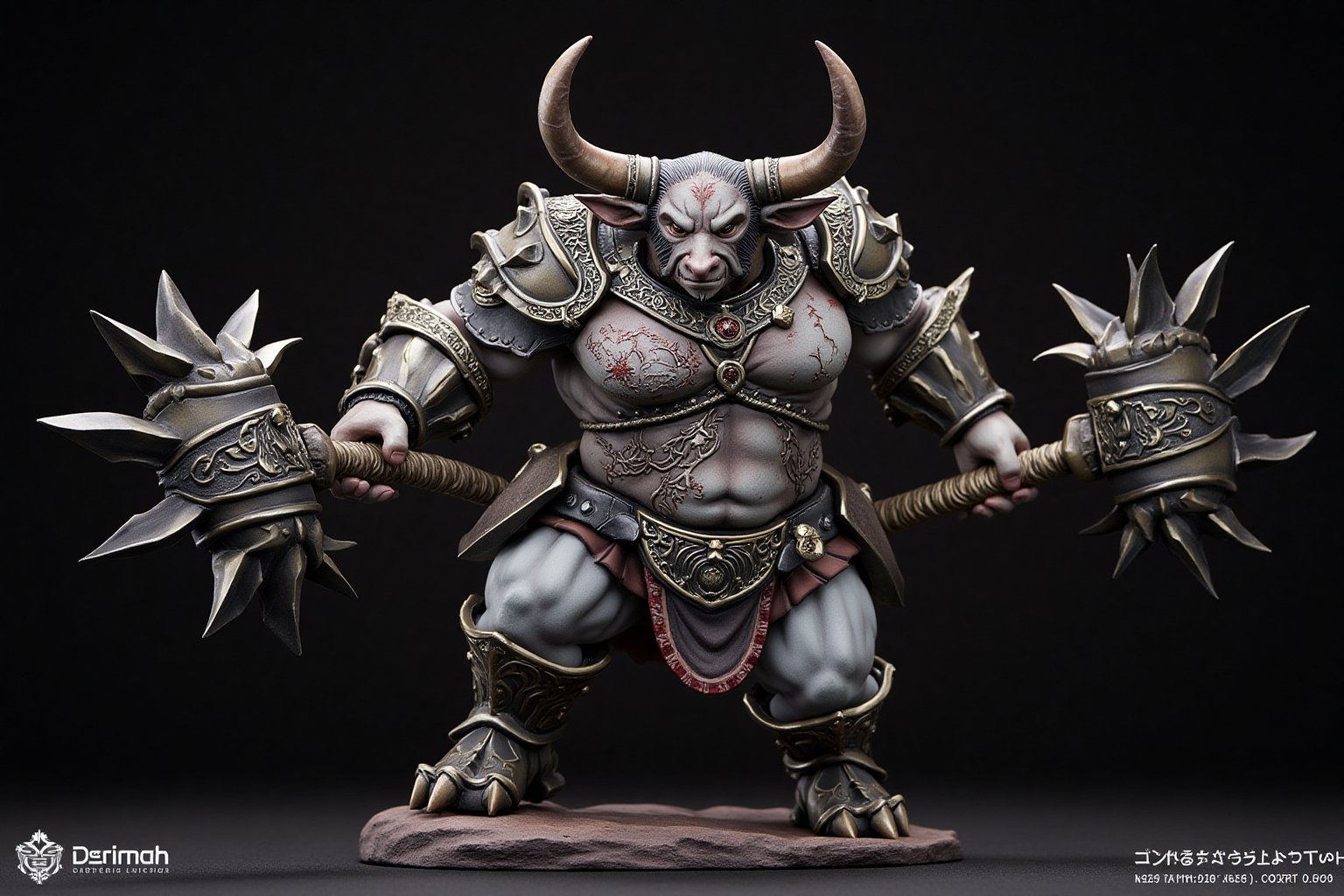 A highly detailed PVC figure of a personified bull general, standing powerfully in a dominant pose. The general is clad in heavy, intricately designed armor, with metallic textures that shimmer under light. The armor covers his broad chest and shoulders, adorned with sharp engravings and battle scars, indicating countless fights. His muscular arms, rippling with power, hold a pair of enormous war hammers in each hand. These war hammers are colossal, with spiked, metal heads and decorated handles, giving off an aura of destructive power. The bull's thick neck and large, curved horns emphasize his formidable presence, while his bulging muscles across his entire body showcase his immense physical strength. His posture suggests that he’s ready for battle, exuding an indomitable spirit. The PVC material adds a polished, collectible quality to the figure, with rich details in silver, dark bronze, and hints of red accentuating the fierce look. a 3D rendering of a figurine, Fantasy detailers, RPG Style