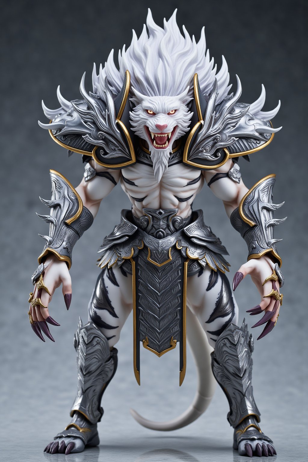 A highly detailed PVC figure of a personified white tiger general, standing in a fierce, battle-ready pose. The general is adorned in armor that blends sleek silver and white tones, resembling the majestic stripes of a tiger, with intricate patterns engraved across the plates. His powerful form radiates a deadly energy, as his sharp claws, attached to gauntlets on both hands, seem capable of slicing through even the air itself. These razor-sharp clawed gauntlets gleam menacingly, with curved, jagged tips that suggest immense lethality. The white tiger’s muscular frame is poised for combat, his fur meticulously sculpted to show fine details, blending smoothly with the armor. His intense eyes glow with a primal force, and his fanged mouth is slightly open, ready to roar. The PVC material adds a refined, collectible quality to the figure, with contrasting metallics and soft white tones creating a striking visual. The general’s claws are posed mid-swipe, as if he’s about to tear through anything in his path, with the air around him seeming to ripple with sheer power. a 3D rendering of a figurine, Fantasy detailers, RPG Style