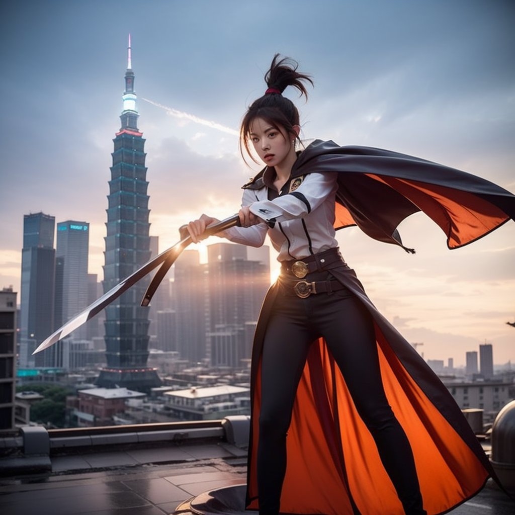 First-person perspective. Focus on energy blades. A beautiful high school girl wearing the Scout Regiment uniform from Attack on Titan, with iris purple to orange gradient hair tied in a ponytail. Her green cape is flowing, and she has the Wings of Freedom emblem on her chest. She is engaged in battle, wielding dual blades with swift and powerful movements. She is flying using ODM gear. Background is Taipei 101.