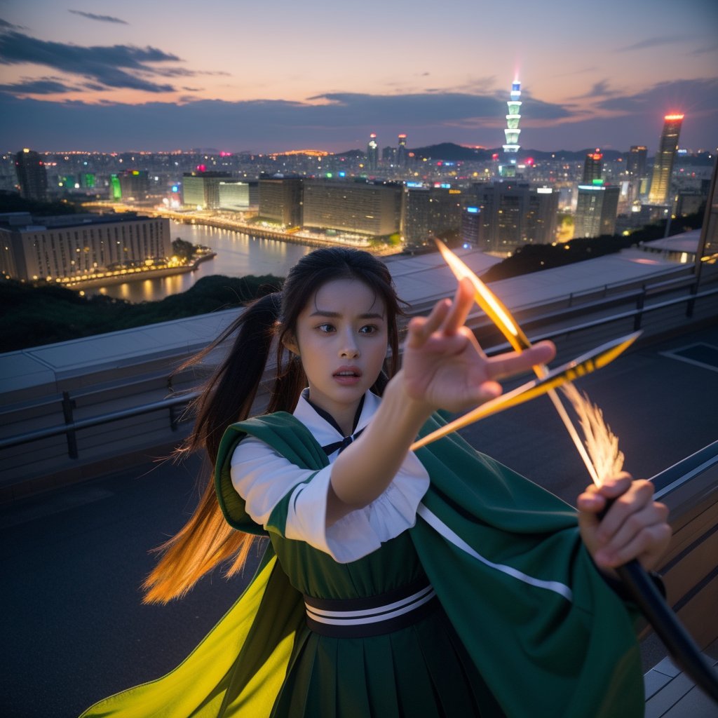 First person perspective. Focus on the energy light knife. A beautiful woman wears the uniform of the "Attack on Titan" Survey Corps. Her hair is purple and orange and tied into a ponytail. She has a flowing green cloak and the wings badge of the Survey Corps on her chest. He is in the midst of a battle, wielding his swords with swift and powerful movements. He uses a three-dimensional maneuvering device to fly. The background is Taipei 101.