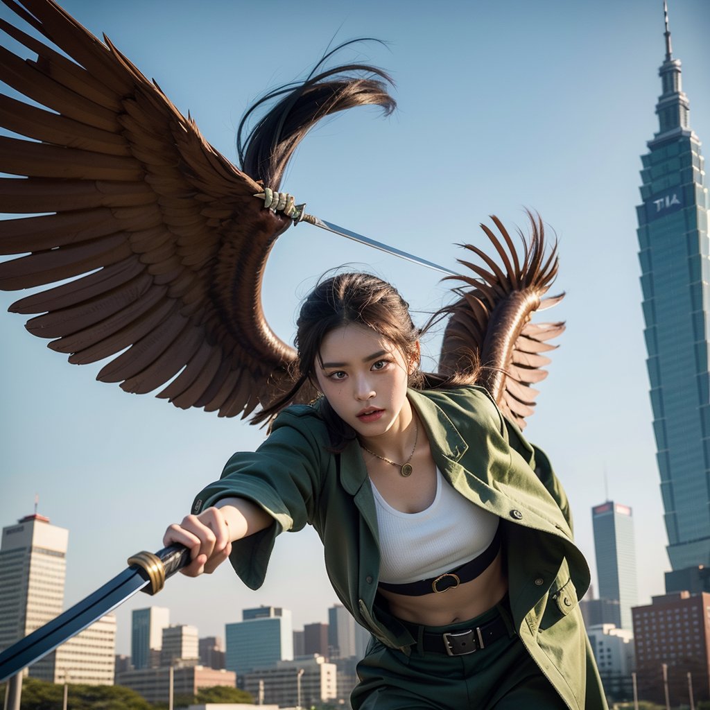 First person perspective. Focus on the energy light knife. A beautiful female high school student wears the uniform of the "Attack on Titan" Survey Corps. Her hair is purple and orange and tied into a ponytail. She has a flowing green cloak and the wings badge of the Survey Corps on her chest. He is in the midst of a battle, wielding his swords with swift and powerful movements. He uses a three-dimensional maneuvering device to fly. The background is Taipei 101.