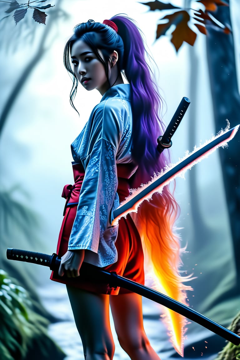 A beautiful Taiwanese girl with long iris purple and orange-red gradated hair, tied into a ponytail, stands in a misty forest. She wears a wide open blouse, damaged red super short hot pants, and is barefoot. She holds a long sword blending ice and fire elements. The misty atmosphere adds an air of mystique.