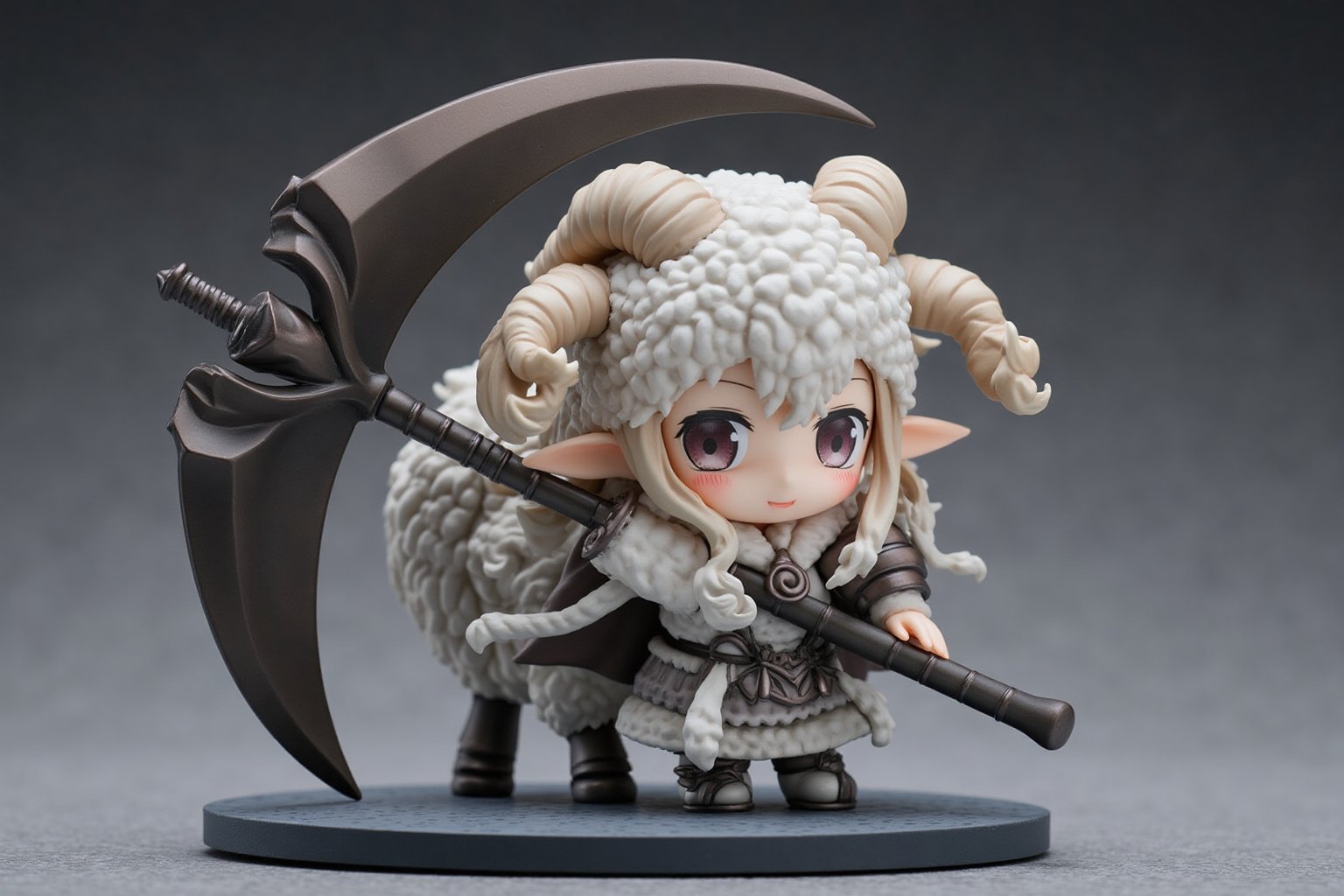 A highly detailed PVC figure of a personified sheep general, combining both an adorable and deadly aesthetic. The general is dressed in lightweight, finely crafted armor that still allows her soft, fluffy sheep wool to be visible, creating a unique blend of battle-readiness and cuteness. Her wool is sculpted with delicate, intricate textures that emphasize her innocent and petite appearance, giving her the look of a charming young girl. However, in stark contrast to her cute, loli-like design, she wields an enormous, menacing scythe—a weapon of the Grim Reaper.
The scythe is massive, with a long, twisted handle and an impossibly large, wickedly curved blade that gleams darkly, suggesting immense destructive power. The oversized weapon dwarfs her small frame, creating a striking visual contrast that combines her innocence with an underlying deadly force. Despite the scythe’s intimidating size, she handles it with ease, as if it were a natural extension of her. Her expression is one of soft innocence, with wide, curious eyes and a gentle smile, adding to the overall sense of dissonance between her appearance and the dangerous weapon she carries.
Her posture is relaxed yet confident, as if unfazed by the gravity of the scythe in her hand, further enhancing the contrast between her cute, childlike appearance and the fearsome, battle-ready aura she radiates. The PVC material highlights the softness of her wool, the shine of her armor, and the cold, lethal sheen of her scythe, making her both a captivating and unsettling figure. The juxtaposition of her small, adorable form with the oversized Grim Reaper scythe creates an intriguing visual balance of cuteness and danger. a 3D rendering of a figurine, Fantasy detailers, RPG Style