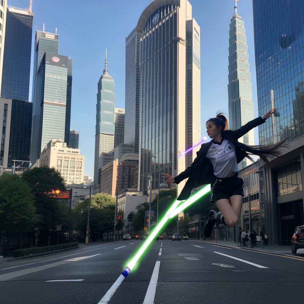 I soar through the skies above Taipei 101, my purple-orange ponytail whipping behind me as I wield my energy-infused lightsaber with deadly precision. The flowing green cloak billows in the wind as I dodge and weave between towering skyscrapers, the Survey Corps badge on my chest gleaming with determination. My three-dimensional maneuvering device propels me forward, my eyes fixed intently on the enemy below.