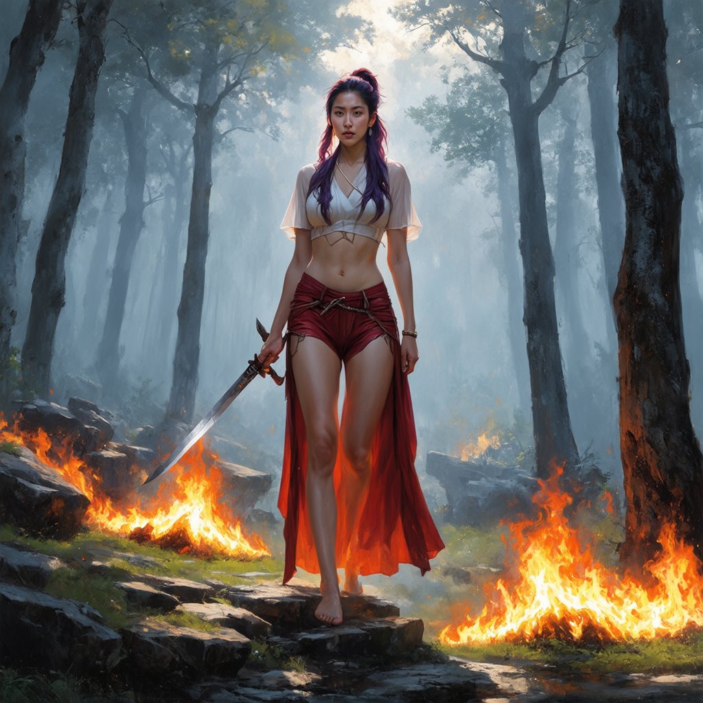 A mystical Taiwanese maiden stands amidst a misty forest, her vibrant, iridescent tresses blending purple, orange-red, and subtle gradations, tied back in a ponytail. She wears an open-fronted blouse framing her torso, paired with damaged scarlet hot pants accentuating her lithe figure. Barefoot, she wields a longsword with a hilt merging ice and fire elements. The misty atmosphere adds an air of mystique, as if the forest holds secrets.