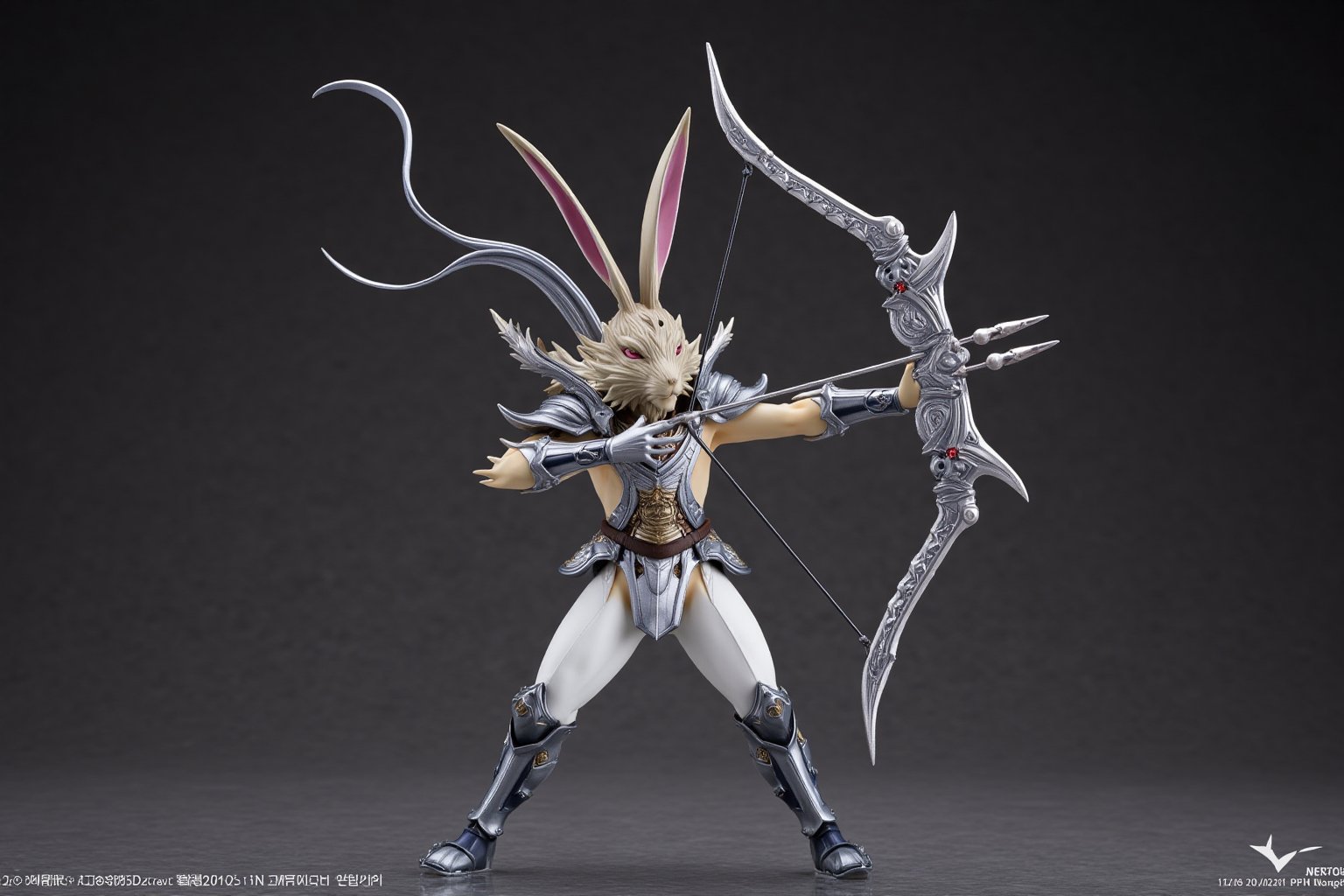 A highly detailed PVC figure of a personified rabbit general, standing poised and ready for action. The general wears sleek, lightweight armor, designed with smooth lines and sharp accents, providing both protection and agility. His long, muscular legs and athletic build are emphasized through the armor's form-fitting design, while his hands grip a large, mystical bow known as the 'Qiankun Bow.' This bow, intricately crafted with flowing curves and ancient runes, is legendary for its ability to strike targets with unerring accuracy, symbolizing the rabbit's unmatched skill in archery. The general stands with one foot slightly forward, his body tensed as if preparing to release an arrow with deadly precision. His long ears are raised high, reflecting his heightened senses and quick reflexes, constantly alert to his surroundings. The soft fur on his face contrasts with the cold, metallic sheen of his armor, giving him a blend of strength and agility. The PVC material enhances the figure's collectible quality, with rich details in silver, white, and light brown tones. His ears and posture emphasize his swift and agile nature, while the scene conveys a sense of tension and readiness as if the next shot is destined to hit its mark, no matter the distance. a 3D rendering of a figurine, Fantasy detailers, RPG Style