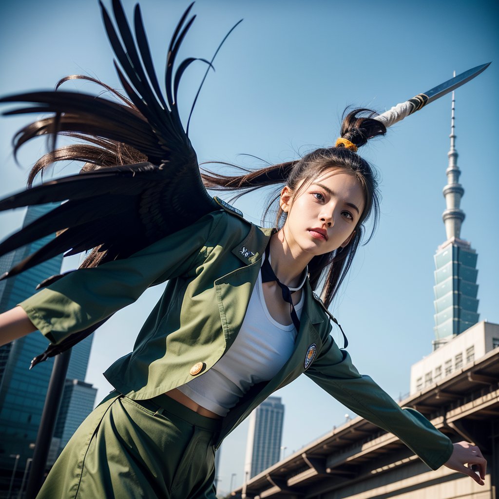 First person perspective. Focus on the energy light knife. A beautiful female high school student wears the uniform of the "Attack on Titan" Survey Corps. Her hair is purple and orange and tied into a ponytail. She has a flowing green cloak and the wings badge of the Survey Corps on her chest. He is in the midst of a battle, wielding his swords with swift and powerful movements. He uses a three-dimensional maneuvering device to fly. The background is Taipei 101.