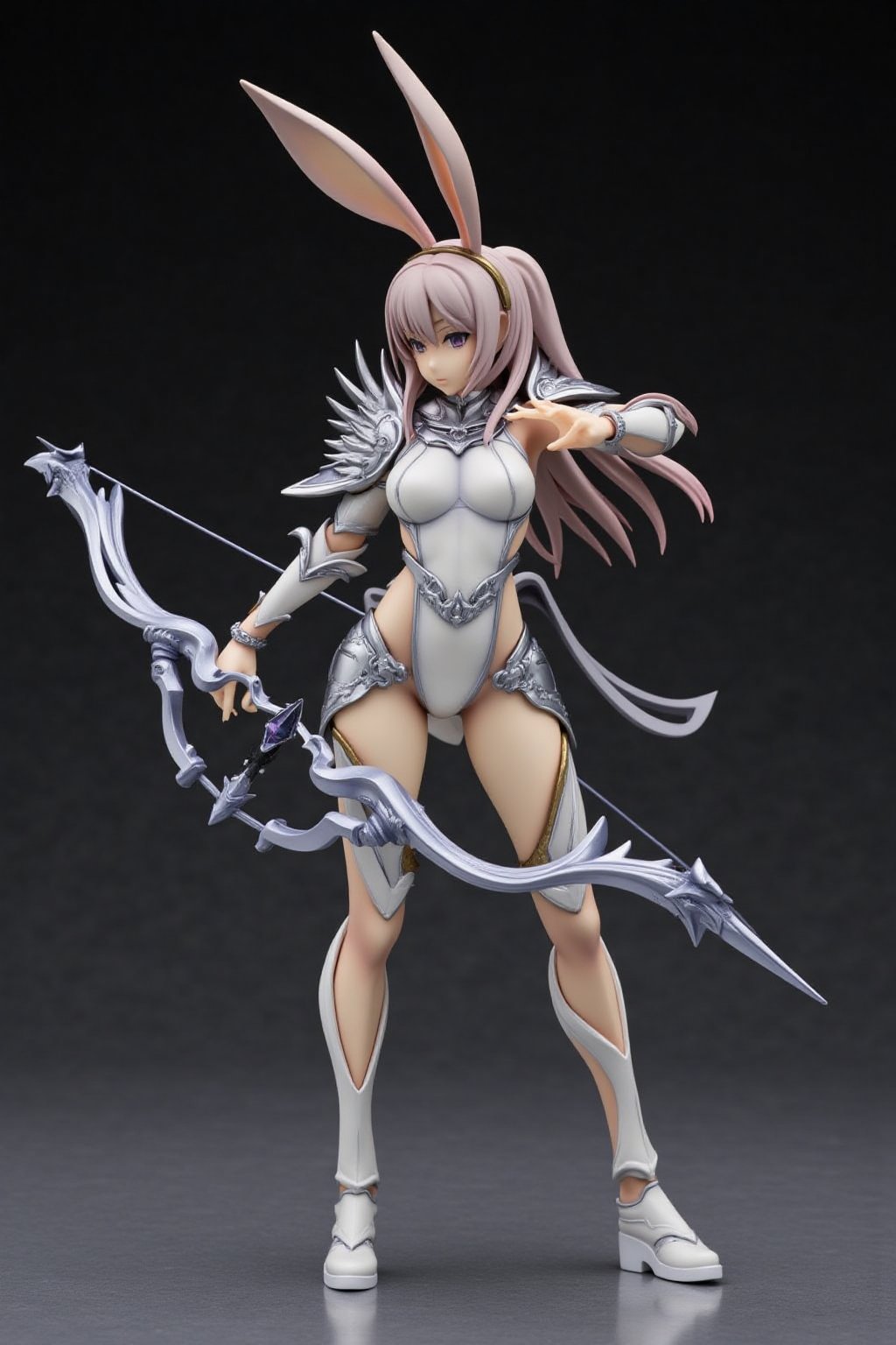 A highly detailed PVC figure of a personified rabbit general, standing poised and ready for action. The general wears sleek, lightweight armor, designed with smooth lines and sharp accents, providing both protection and agility. His long, muscular legs and athletic build are emphasized through the armor's form-fitting design, while his hands grip a large, mystical bow known as the 'Qiankun Bow.' This bow, intricately crafted with flowing curves and ancient runes, is legendary for its ability to strike targets with unerring accuracy, symbolizing the rabbit's unmatched skill in archery. The general stands with one foot slightly forward, his body tensed as if preparing to release an arrow with deadly precision. His long ears are raised high, reflecting his heightened senses and quick reflexes, constantly alert to his surroundings. The soft fur on his face contrasts with the cold, metallic sheen of his armor, giving him a blend of strength and agility. The PVC material enhances the figure's collectible quality, with rich details in silver, white, and light brown tones. His ears and posture emphasize his swift and agile nature, while the scene conveys a sense of tension and readiness as if the next shot is destined to hit its mark, no matter the distance. a 3D rendering of a figurine, Fantasy detailers, RPG Style